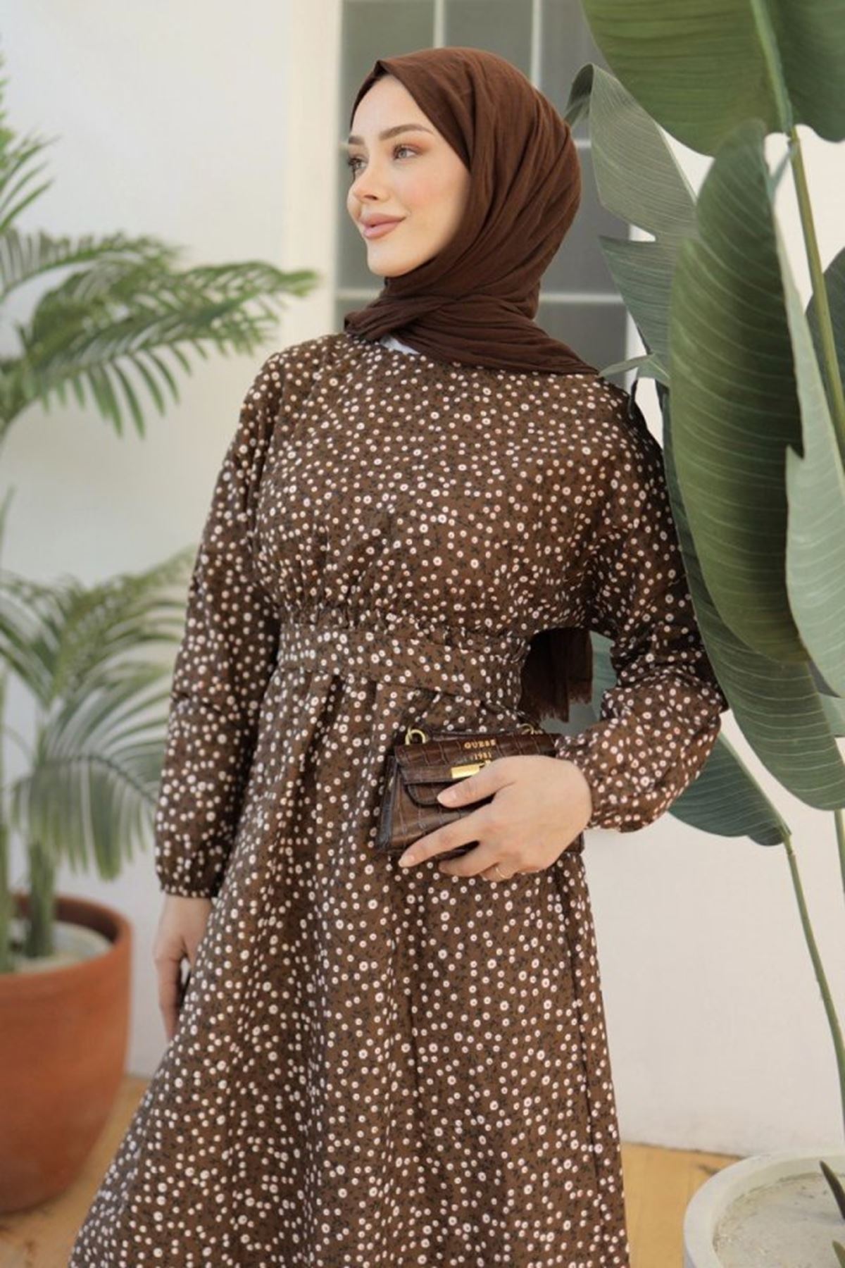 Kadın Papatya Desen Bisiklet Yaka Belden Bağlamalı Elbise