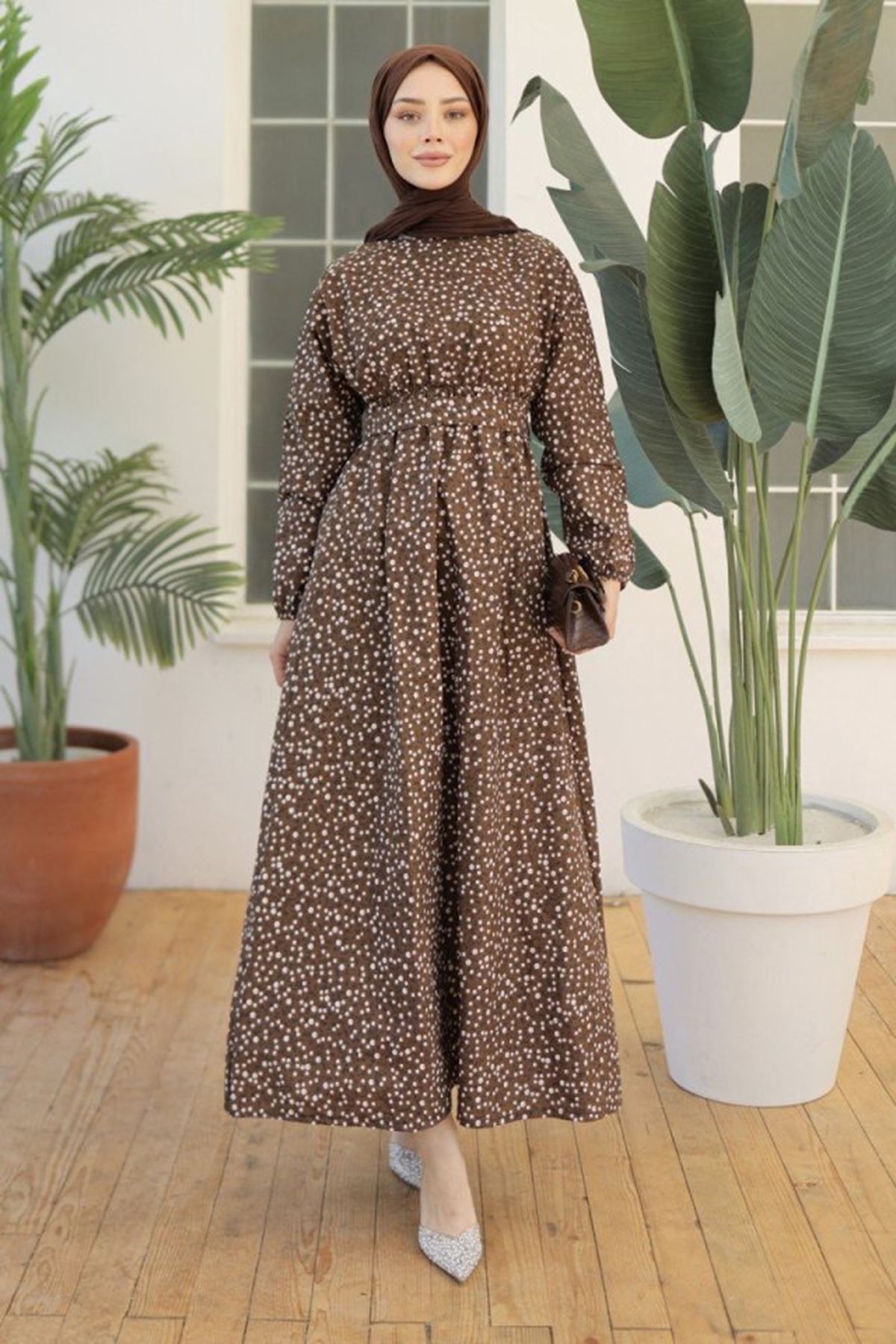 Kadın Papatya Desen Bisiklet Yaka Belden Bağlamalı Elbise