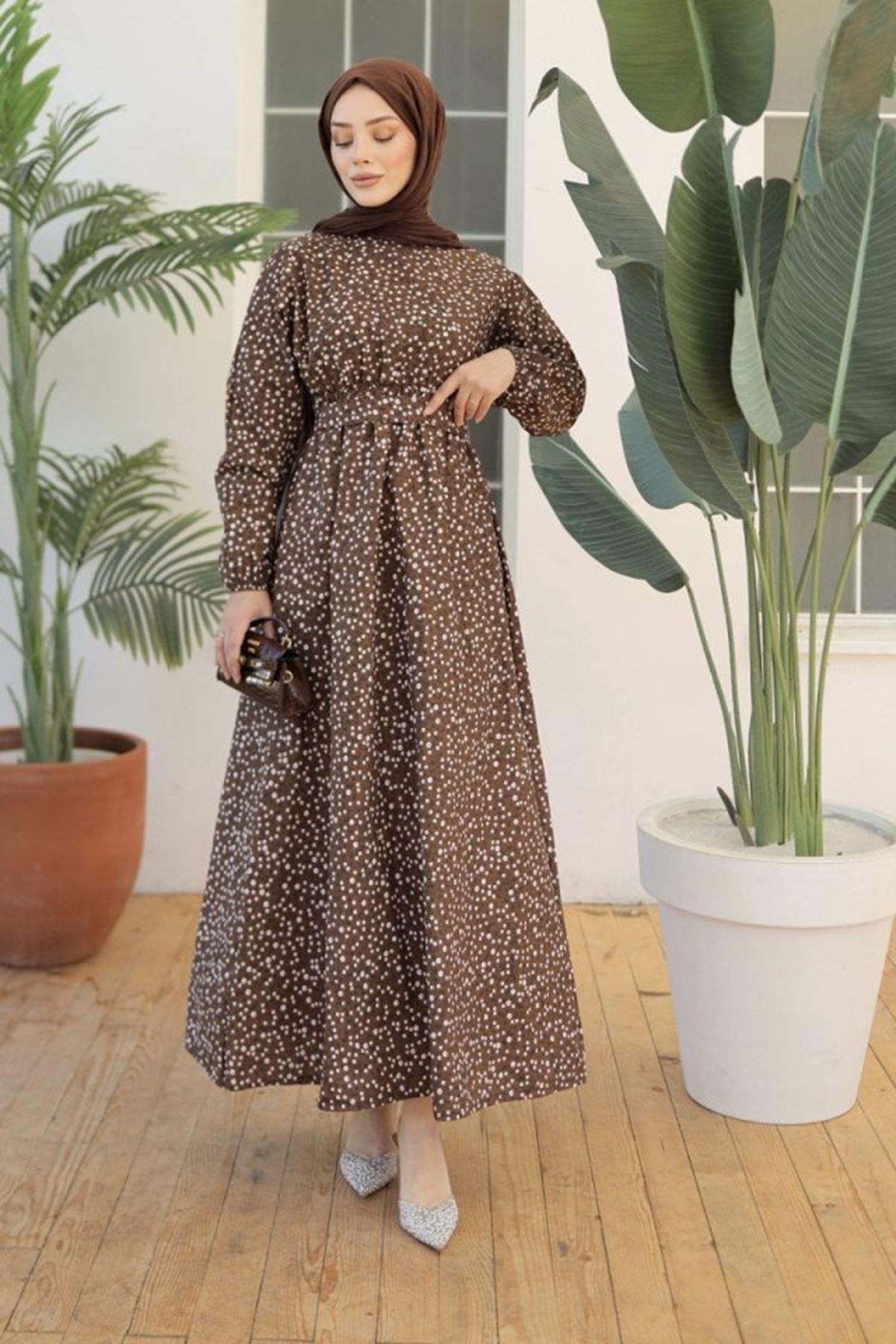 Kadın Papatya Desen Bisiklet Yaka Belden Bağlamalı Elbise