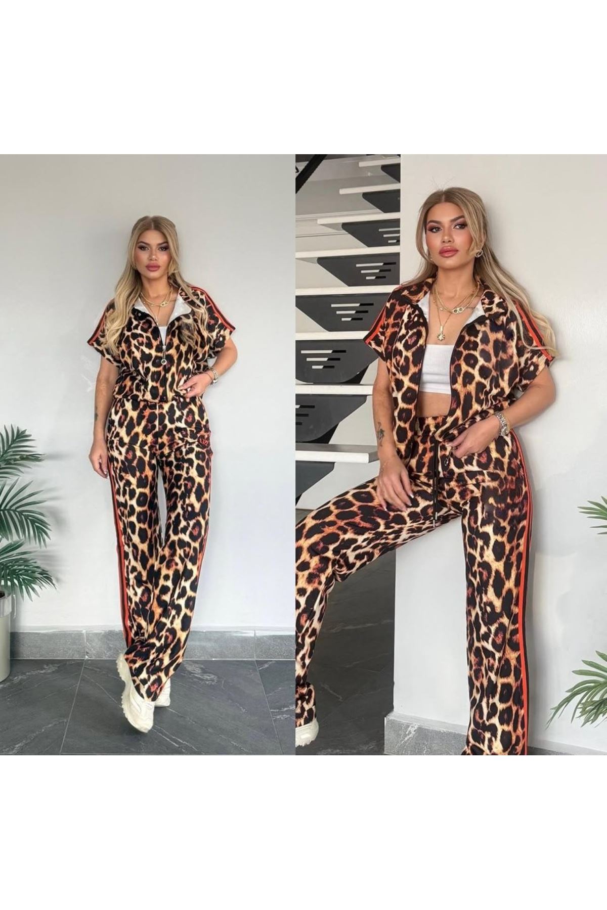 Kadın Dalgıç Kumaş Dijital Leopar Baskılı şerit Detaylı Takım