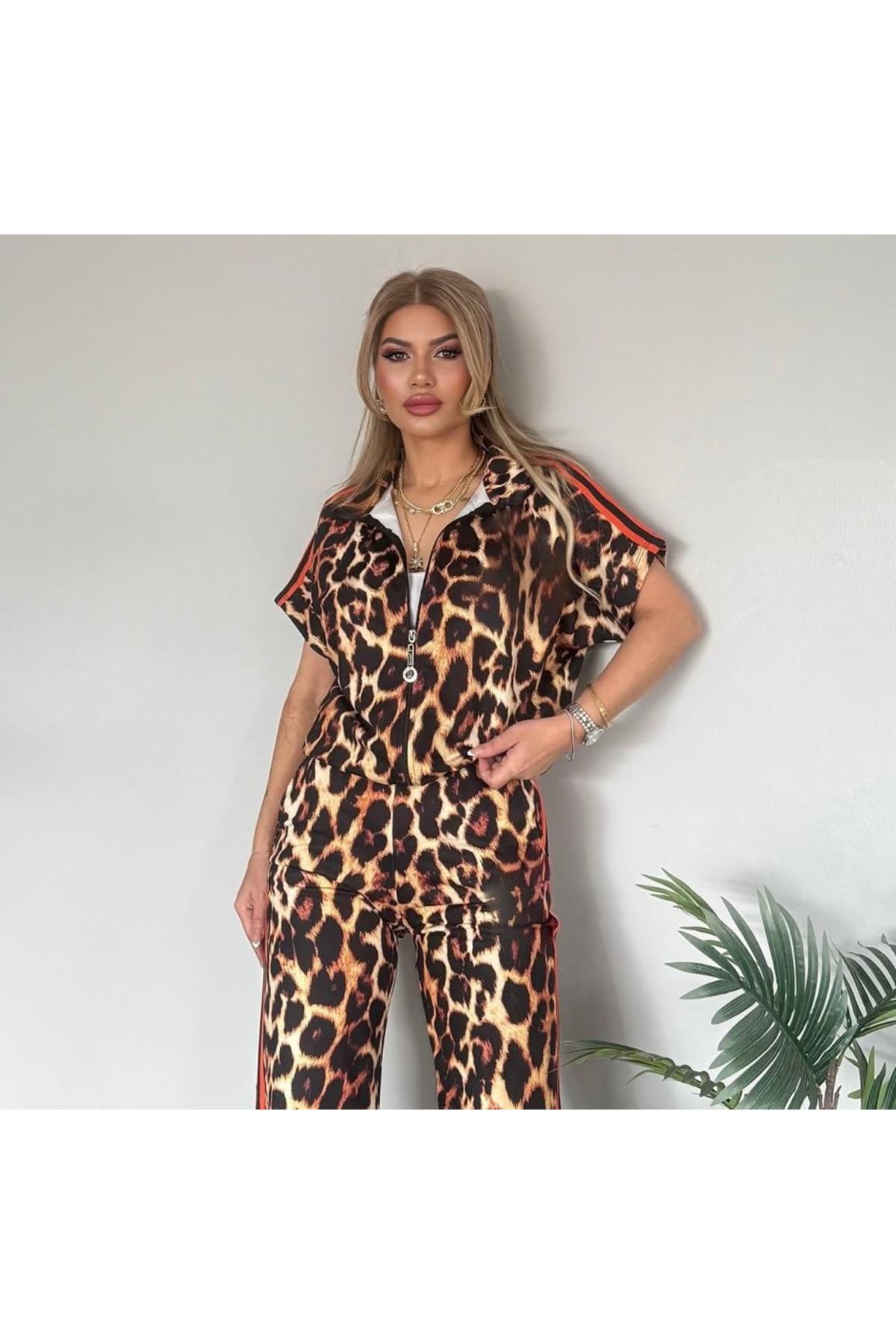 Kadın Dalgıç Kumaş Dijital Leopar Baskılı şerit Detaylı Takım