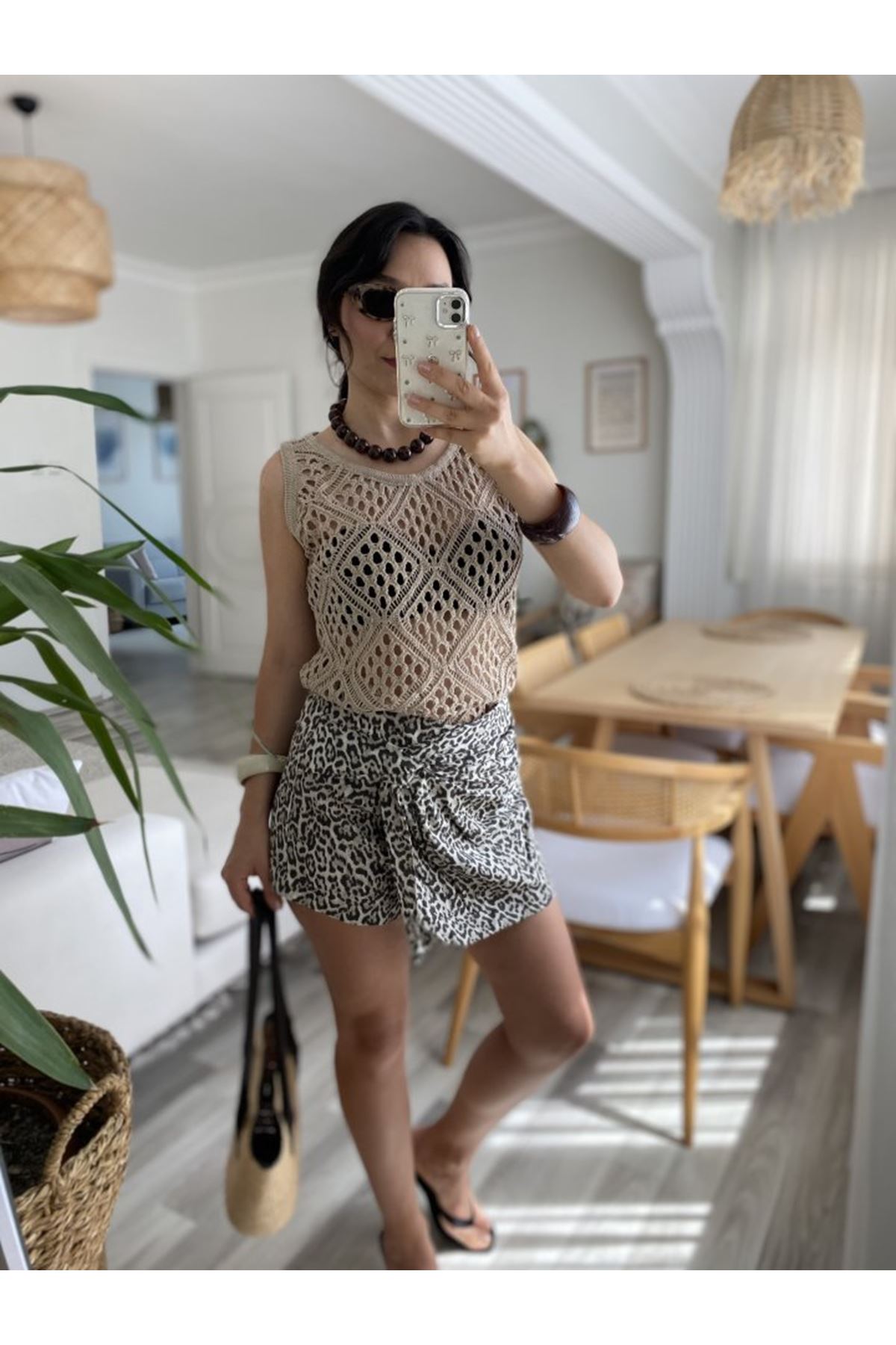 Kadın Askılı Yuvarlak Yaka Geometrik Desenli Triko Bluz