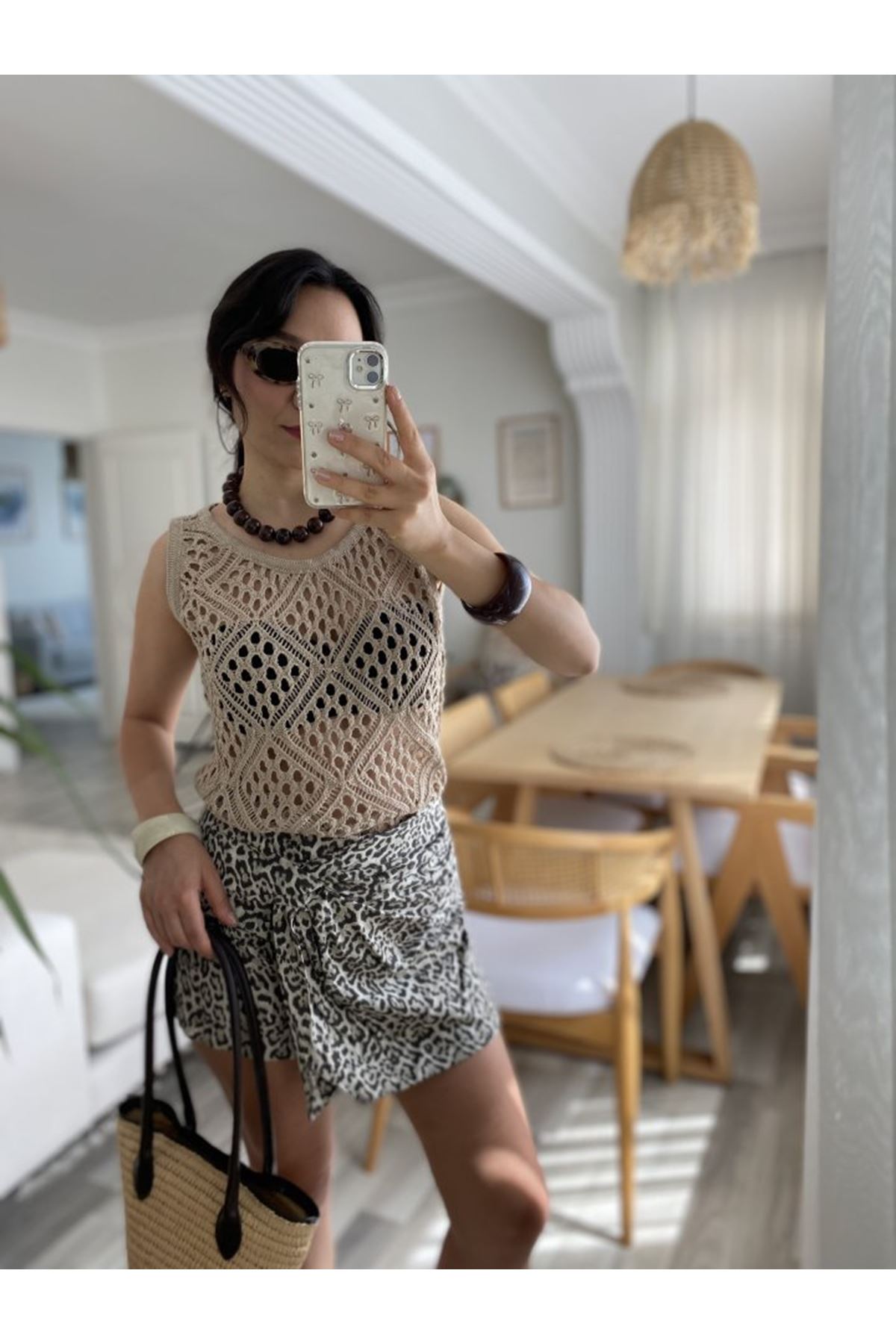 Kadın Askılı Yuvarlak Yaka Geometrik Desenli Triko Bluz