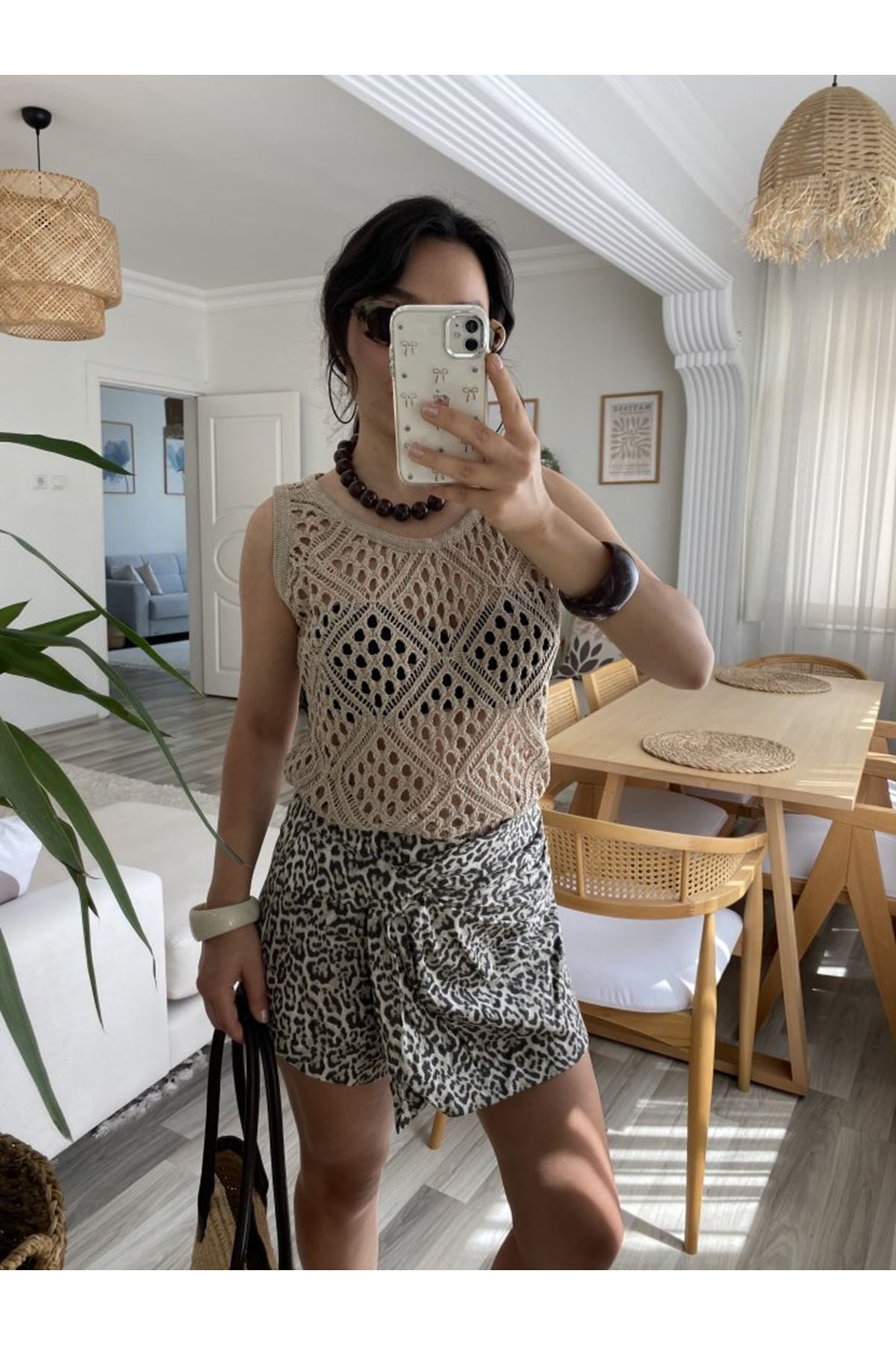 Kadın Askılı Yuvarlak Yaka Geometrik Desenli Triko Bluz