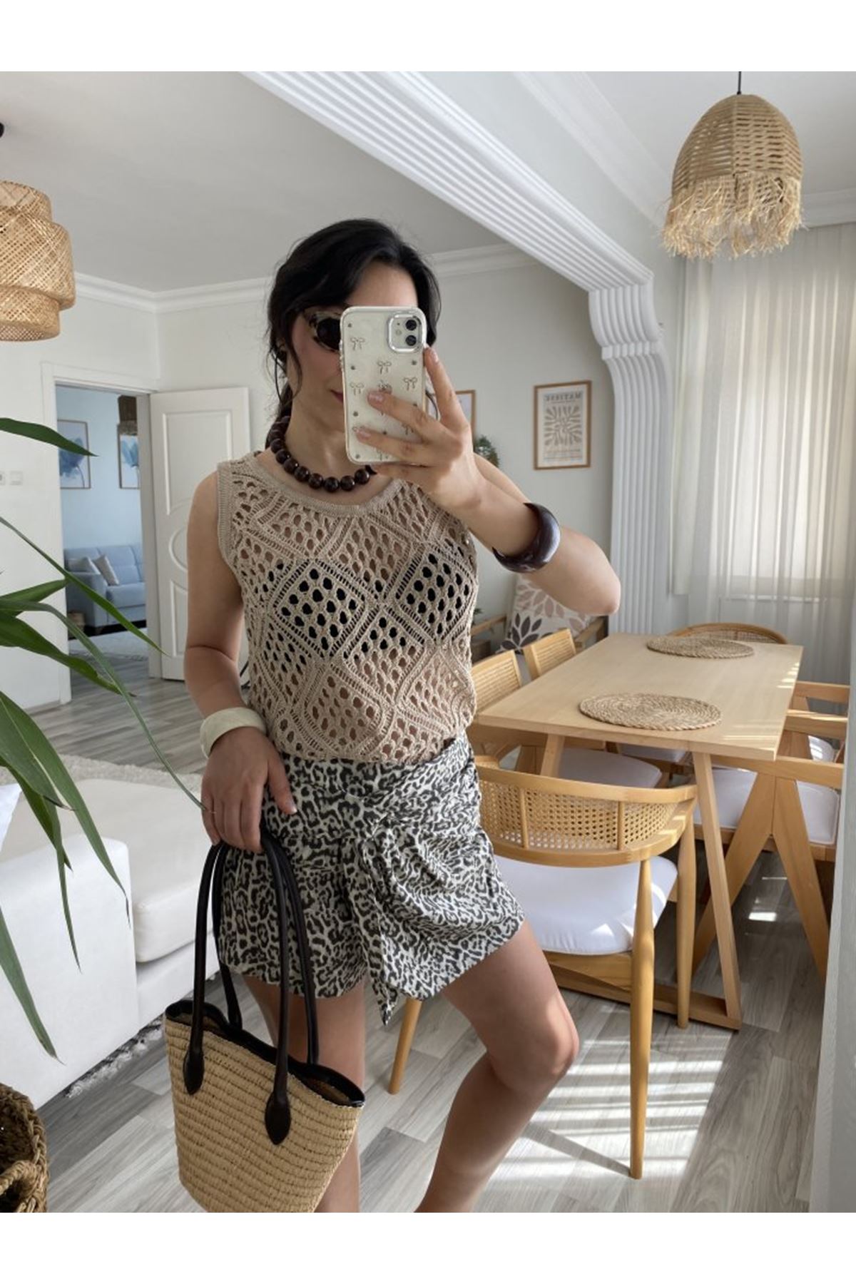 Kadın Askılı Yuvarlak Yaka Geometrik Desenli Triko Bluz