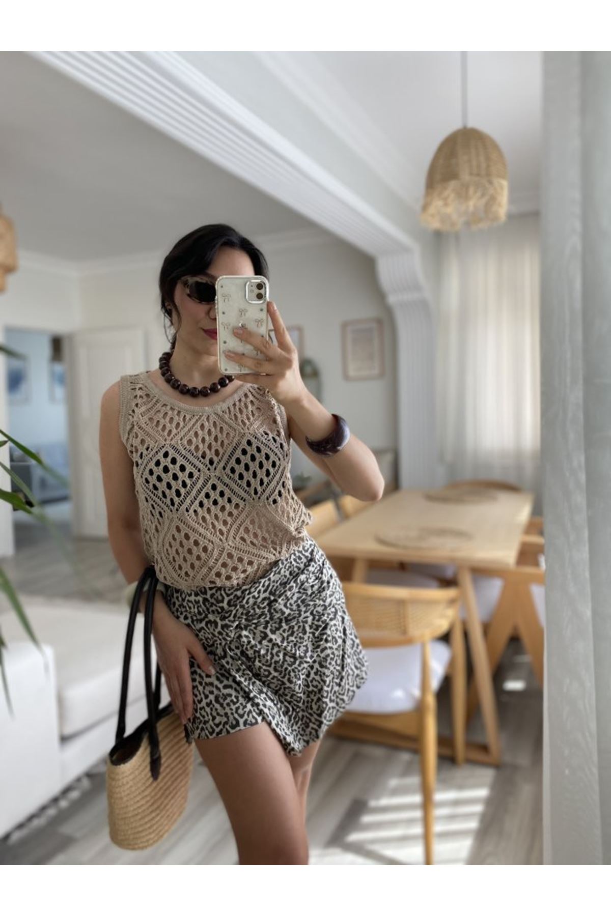 Kadın Askılı Yuvarlak Yaka Geometrik Desenli Triko Bluz