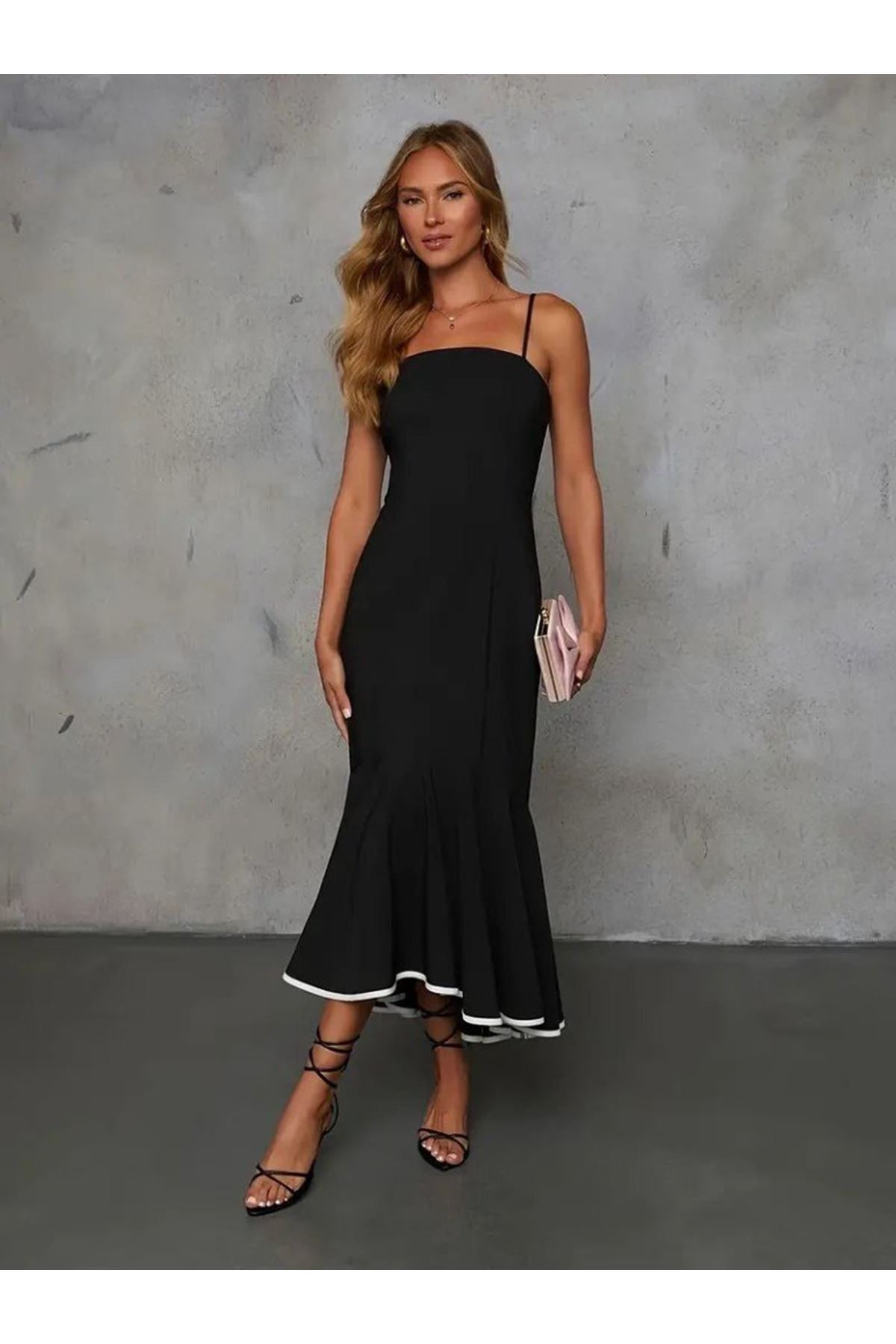 Kadın Ip Askılı Straplez Kesim Detay Maksi Boy Janjan Krep Elbise