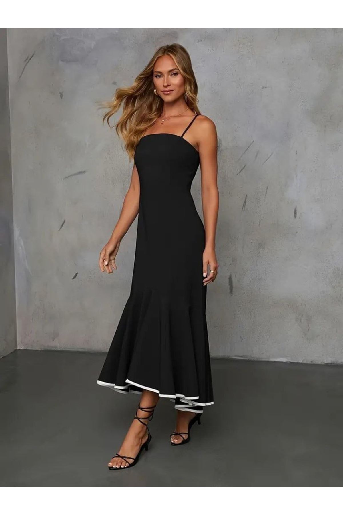 Kadın Ip Askılı Straplez Kesim Detay Maksi Boy Janjan Krep Elbise