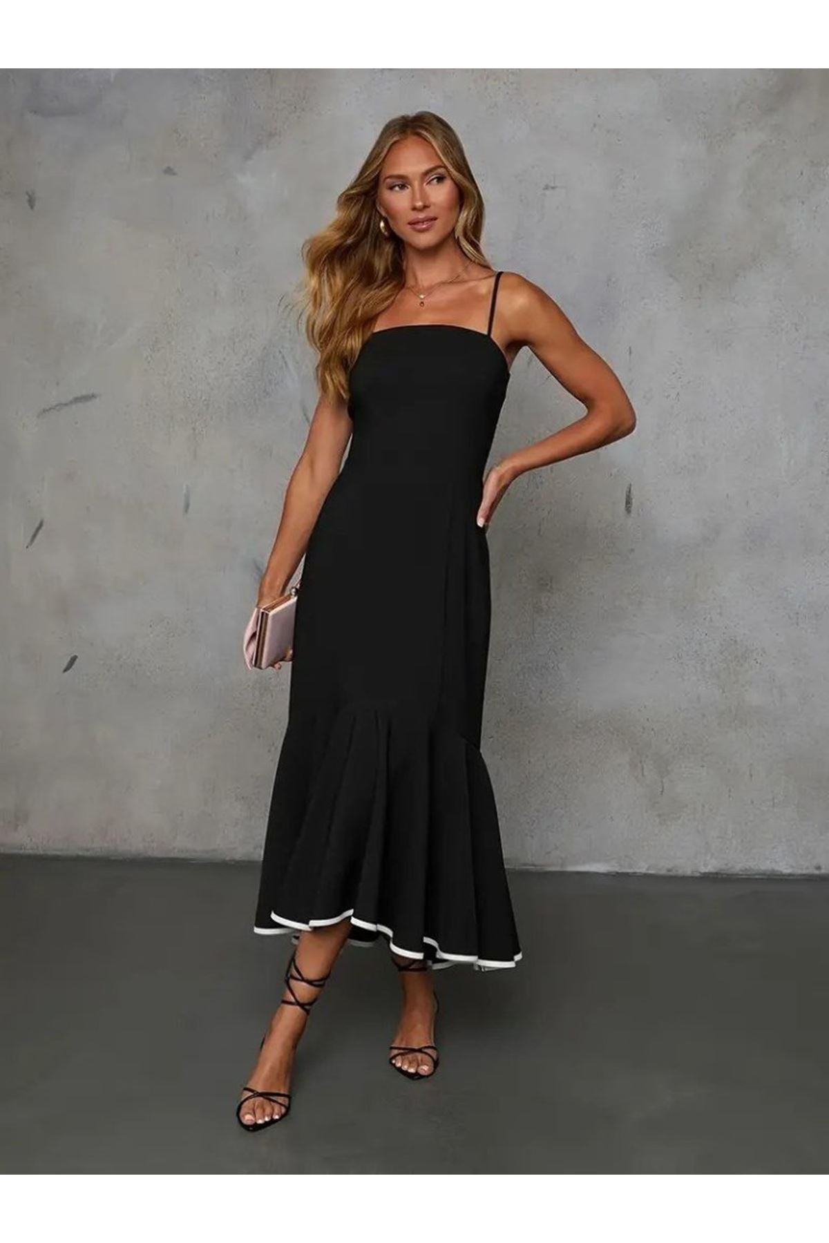 Kadın Ip Askılı Straplez Kesim Detay Maksi Boy Janjan Krep Elbise