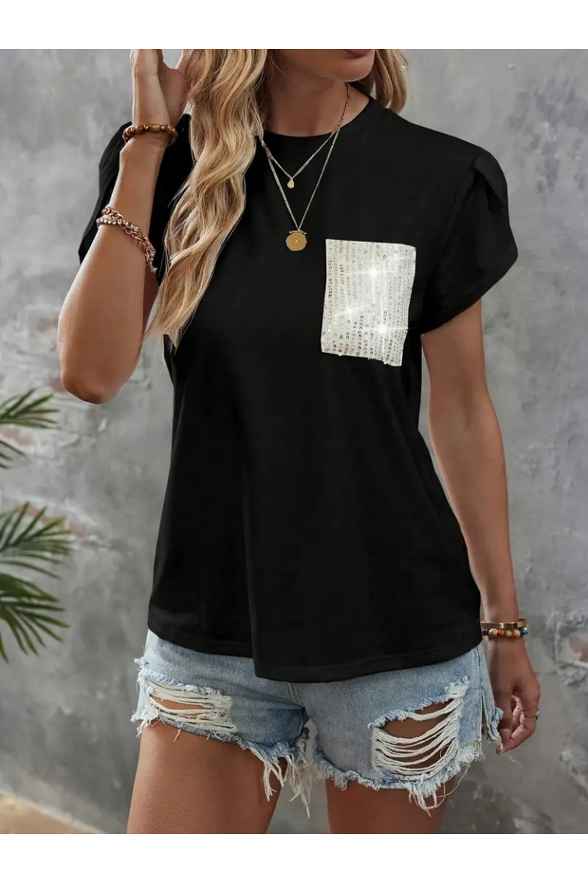 Kadın Kısa Kollu Bisiklet Yaka Cep Pul Payet Detay Viskon Bluz