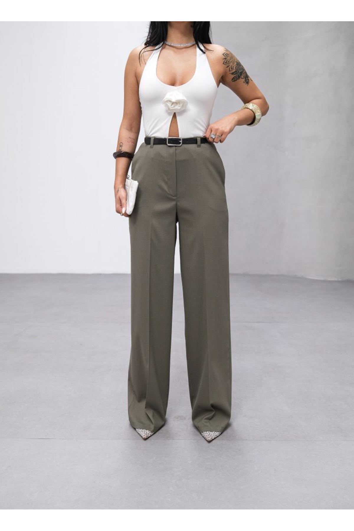 Poly Viscose Yüksek Bel Kemerli̇ Ve Dökümlü Palazzo Pantolon (Kemer Dahi̇l)