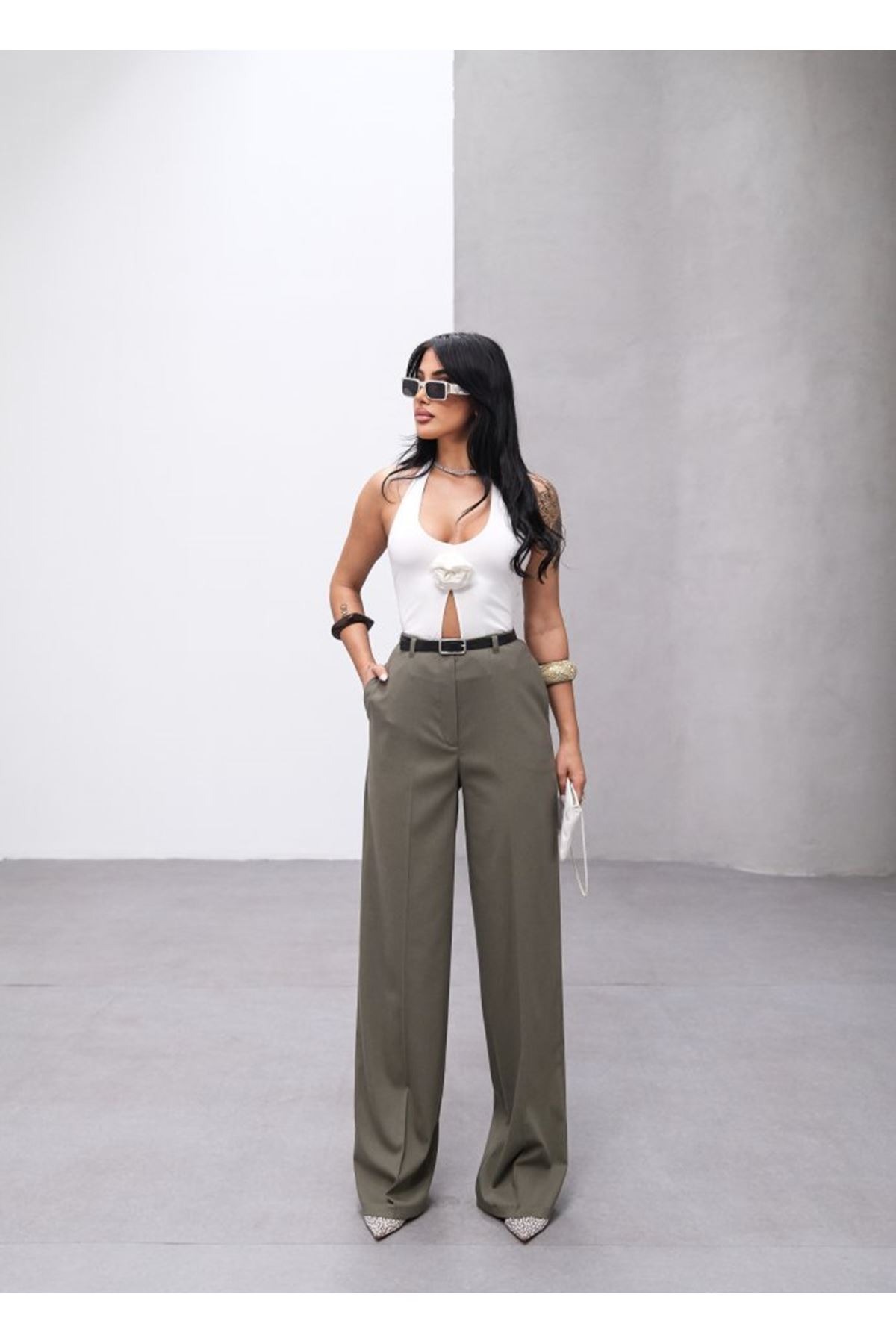 Poly Viscose Yüksek Bel Kemerli̇ Ve Dökümlü Palazzo Pantolon (Kemer Dahi̇l)