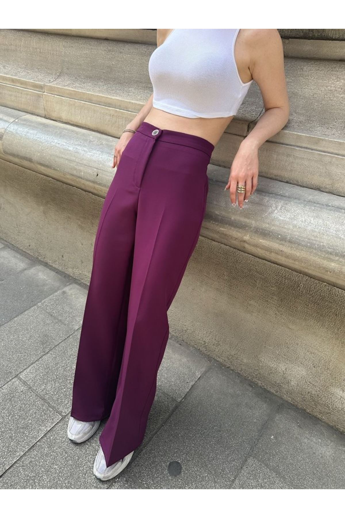 Yüksek Bel Palazzo Metal DüğmePantolon