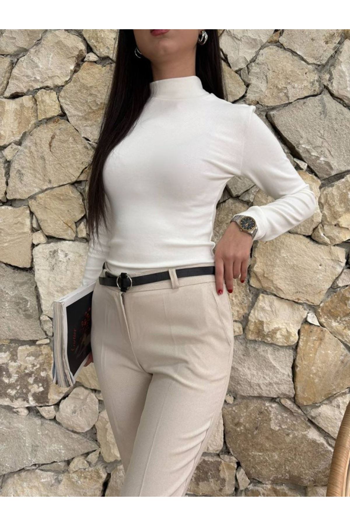 Kadın Yüksek Bel Dar Paça Kemer Dahil Kumaş Pantolon