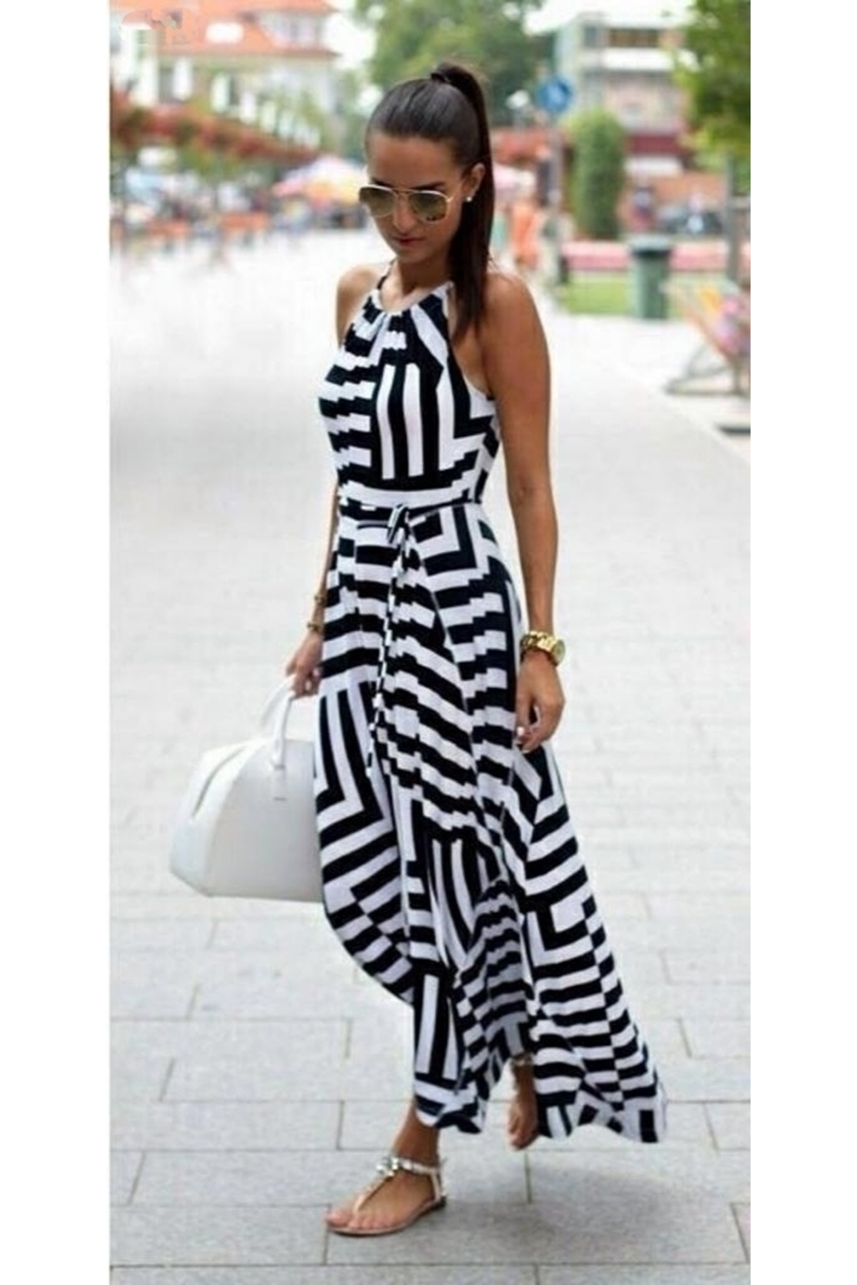 Kadın Ayarlanabilir Askılı Geometrik Desen Kuşaklı Gipeli Süprem Elbise