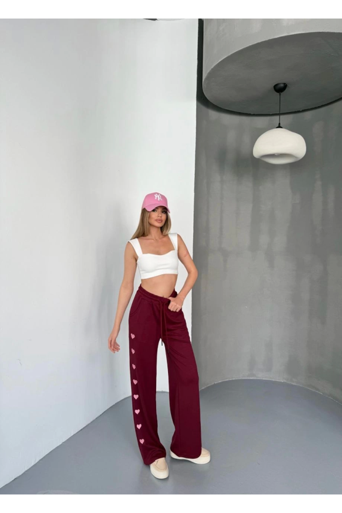 Osy Modal Yumuşak Dokulu Kumaş Nakış Işlemeli Rahat Bol Paça Eşofman Pantalon - Bordo