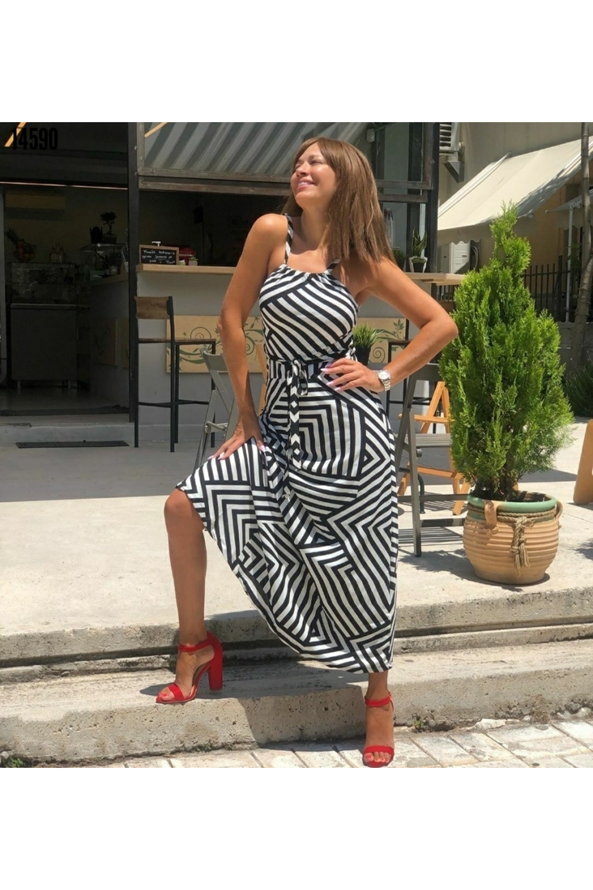 Kadın Ayarlanabilir Askılı Geometrik Desen Kuşaklı Gipeli Süprem Elbise