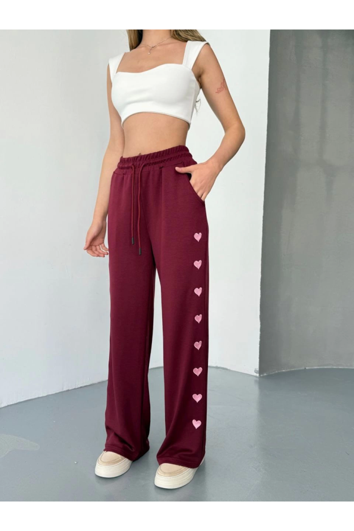 Osy Modal Yumuşak Dokulu Kumaş Nakış Işlemeli Rahat Bol Paça Eşofman Pantalon - Bordo