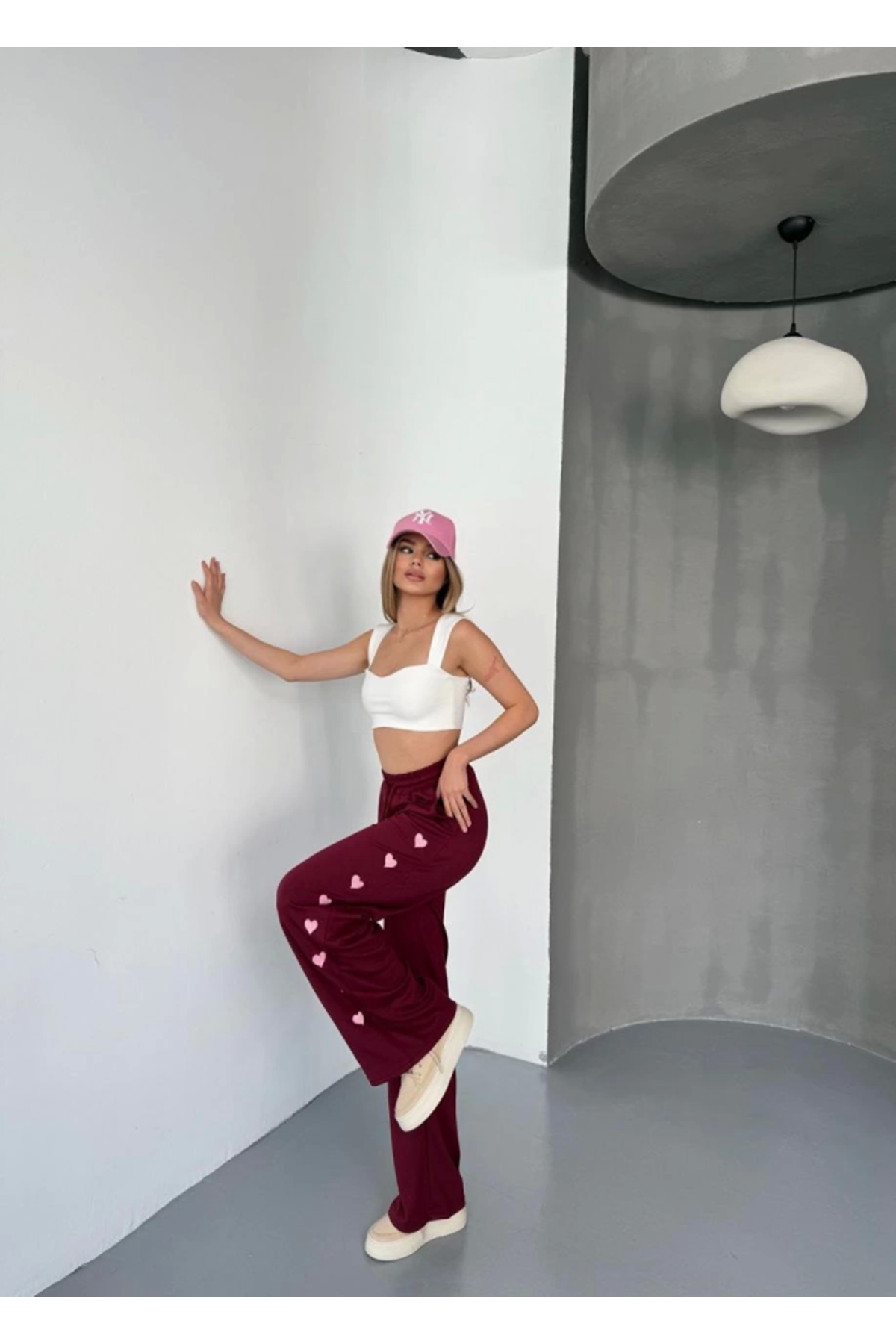 Osy Modal Yumuşak Dokulu Kumaş Nakış Işlemeli Rahat Bol Paça Eşofman Pantalon - Bordo