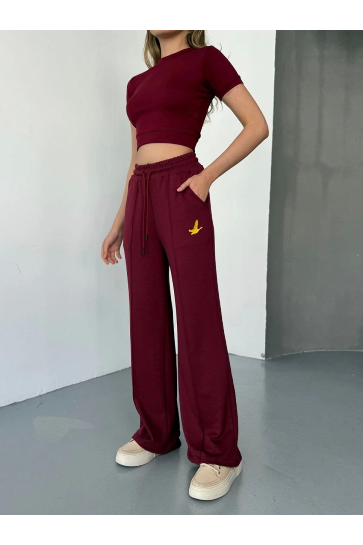 Osy Modal Yumuşak Dokulu Kumaş Nakış Işlemeli Rahat Bol Paça Eşofman Pantalon - Bordo