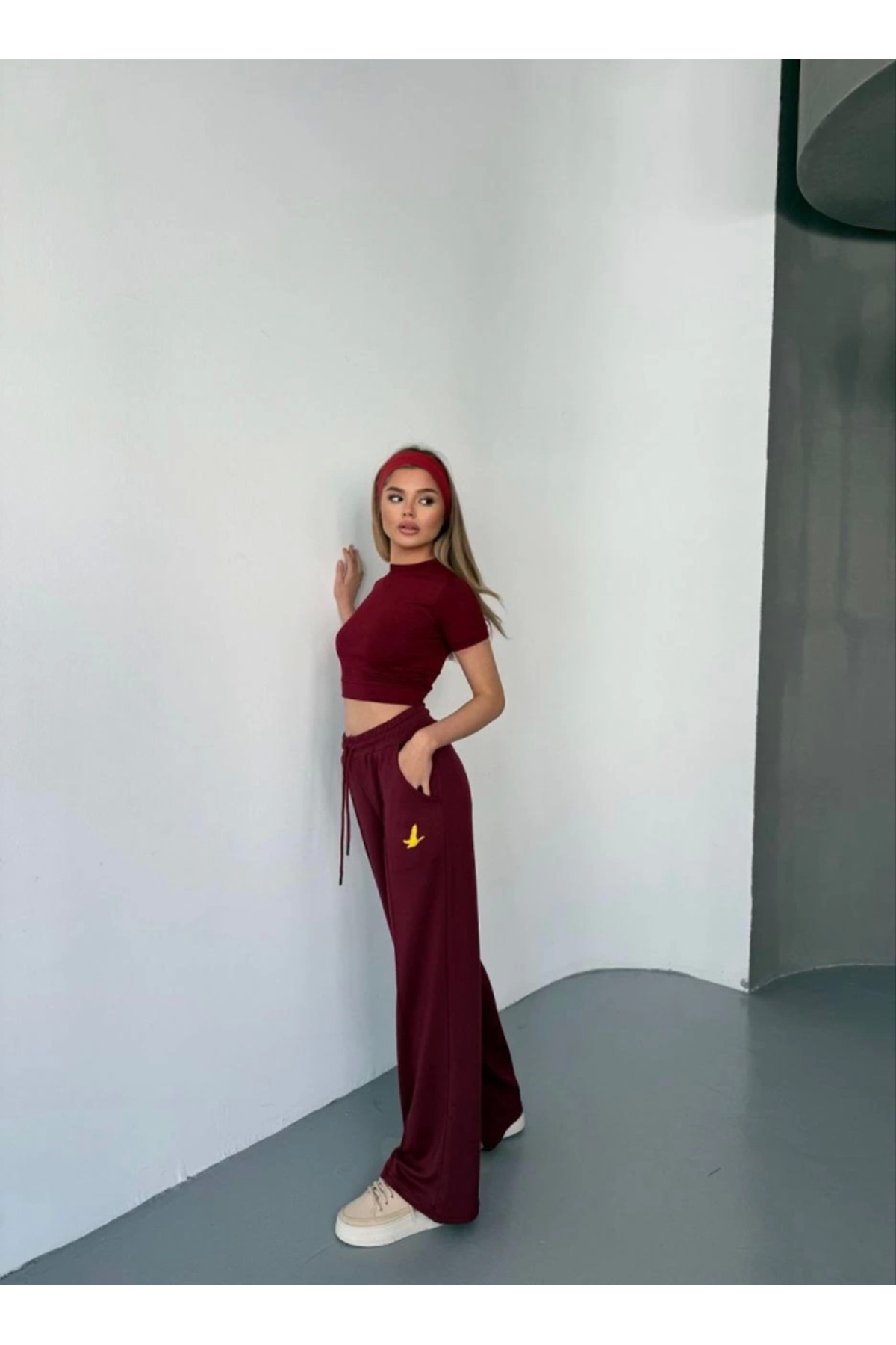 Osy Modal Yumuşak Dokulu Kumaş Nakış Işlemeli Rahat Bol Paça Eşofman Pantalon - Bordo