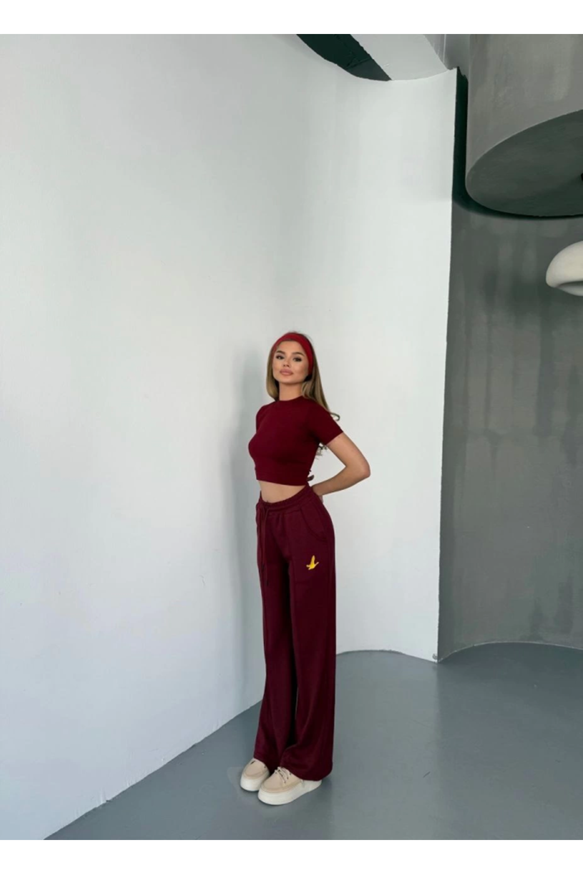 Osy Modal Yumuşak Dokulu Kumaş Nakış Işlemeli Rahat Bol Paça Eşofman Pantalon - Bordo