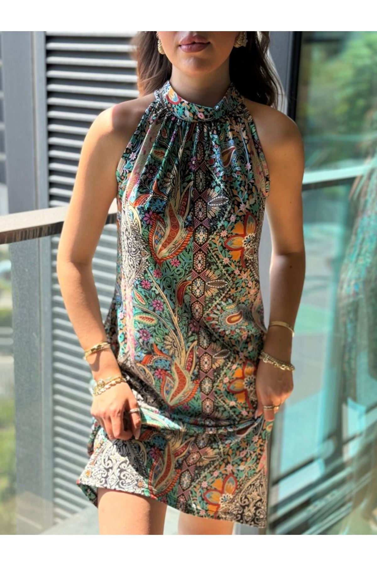 Kadın Kolsuz Boyundan Askılı Desenli Midi Süprem Elbise