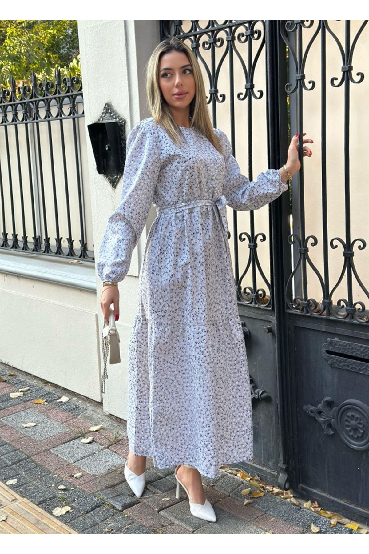 Kadın Uzun Kollu Bisiklet Yaka Papatya Desen Kuşak Dahil Maxi Boy Elbise