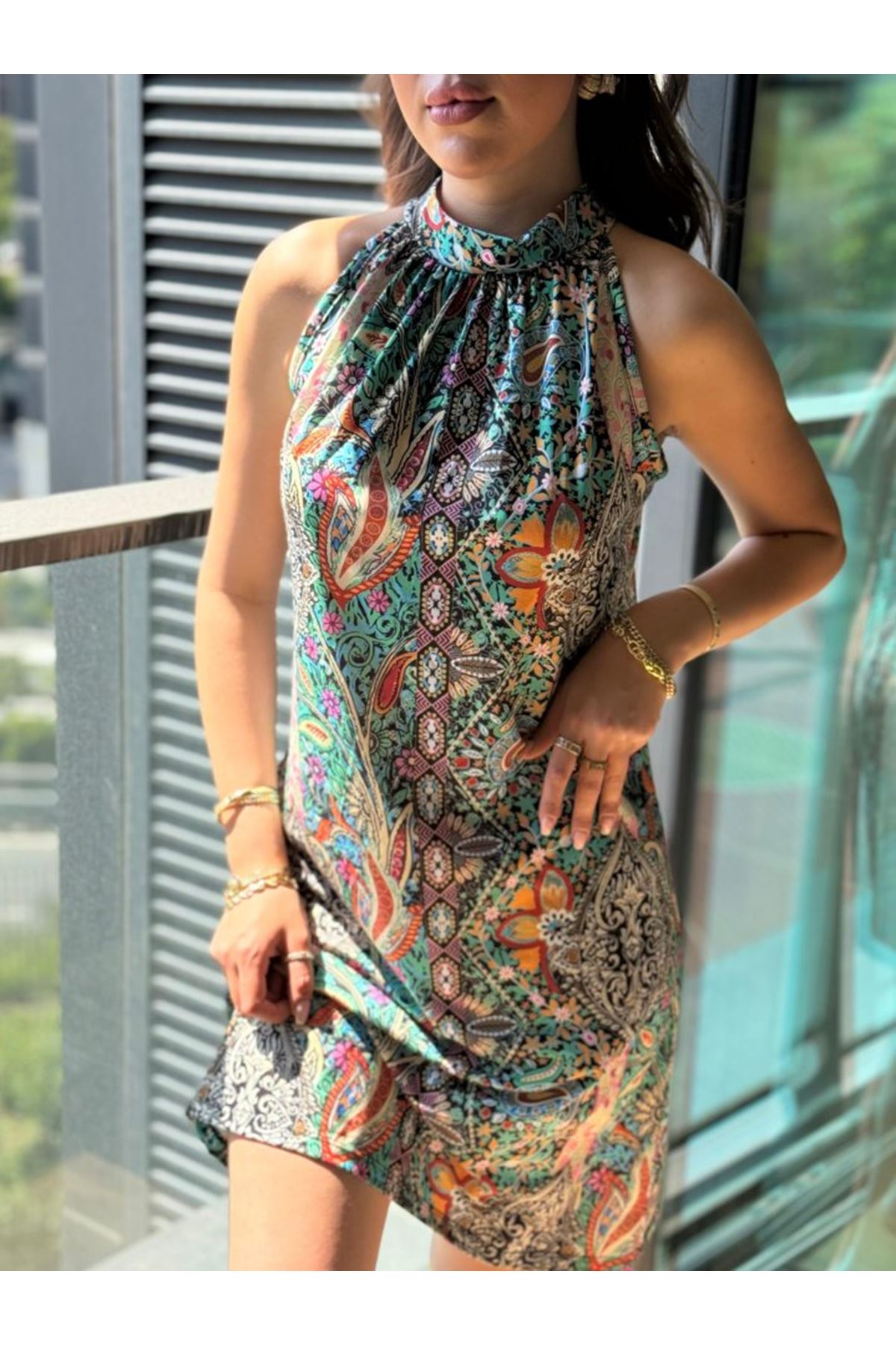 Kadın Kolsuz Boyundan Askılı Desenli Midi Süprem Elbise