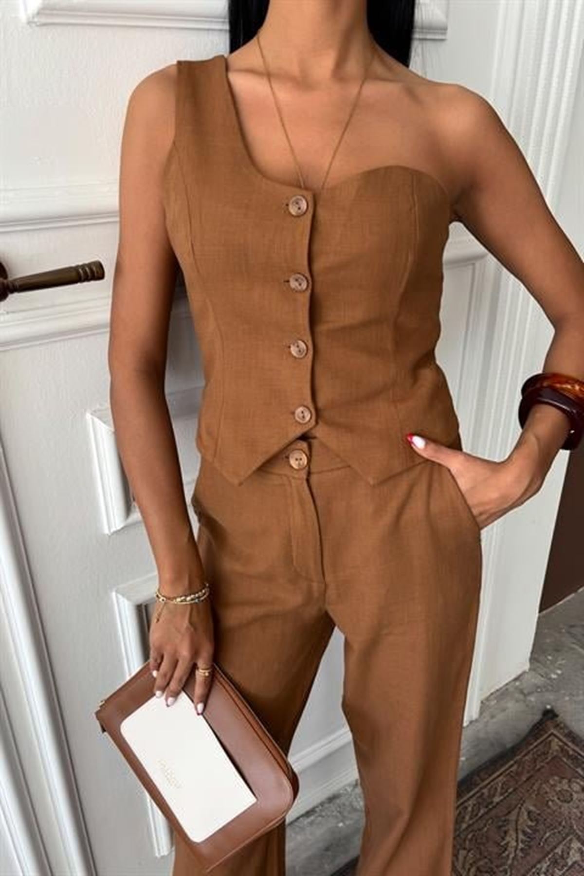 Tek Omuz Büstiyer Plazzo Pantolon Viscon Takım 10159