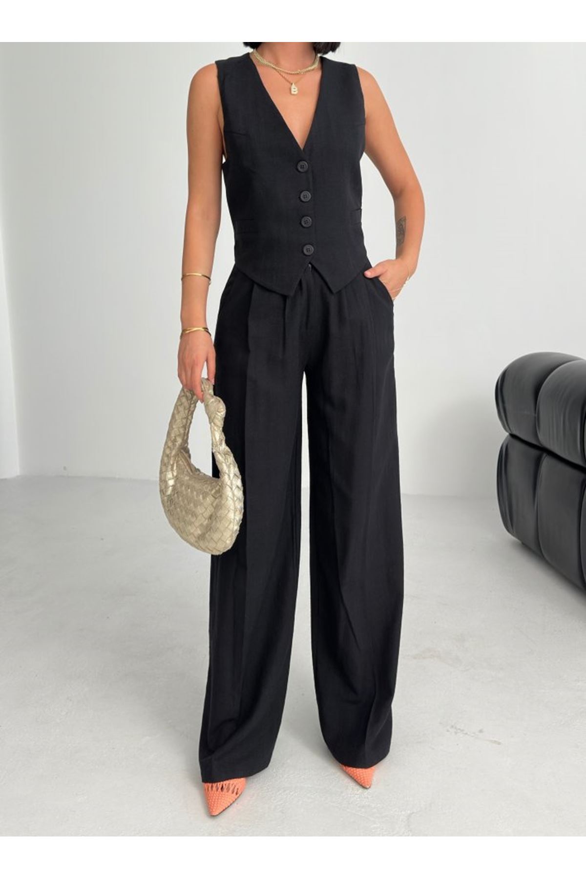 Keten Sirti Çapraz Geçi̇şli̇ Cepken Pantolon Takim