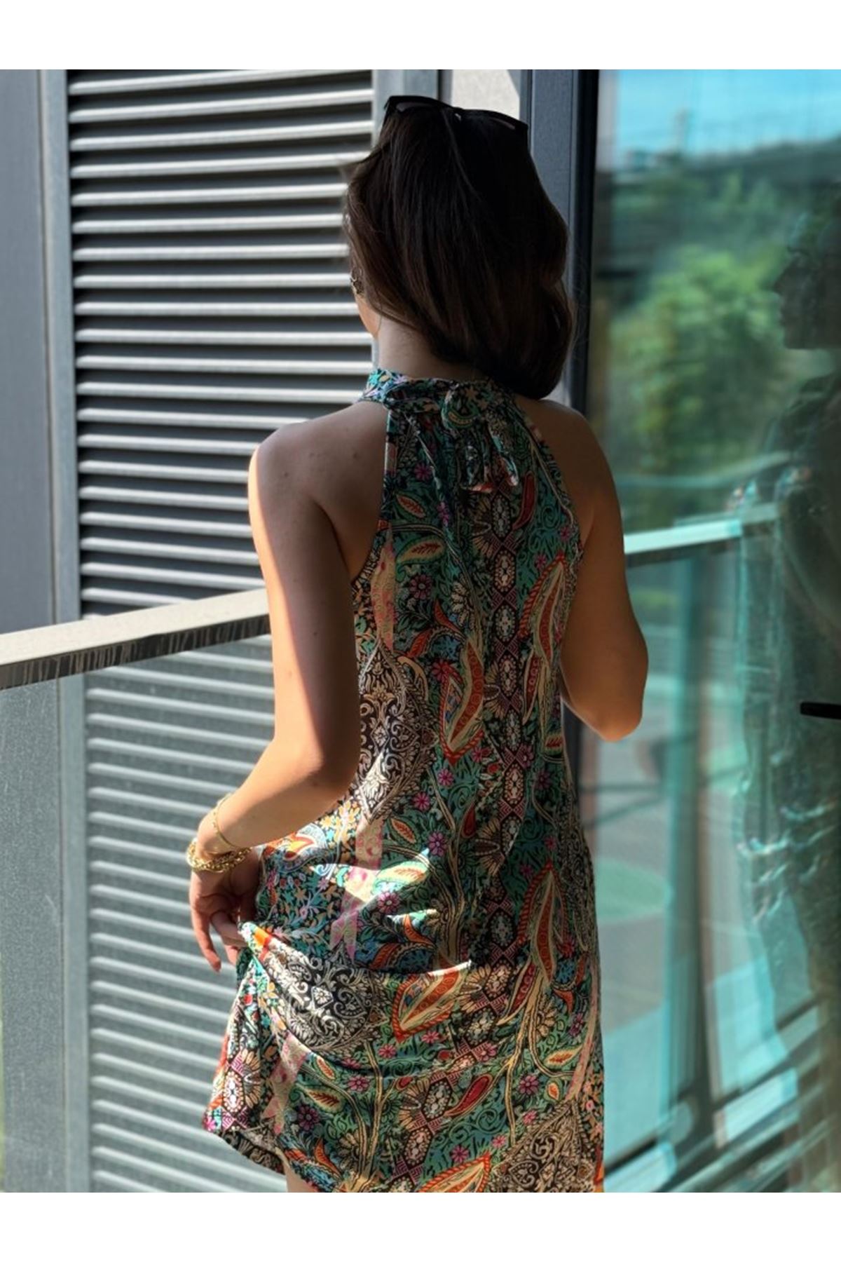 Kadın Kolsuz Boyundan Askılı Desenli Midi Süprem Elbise