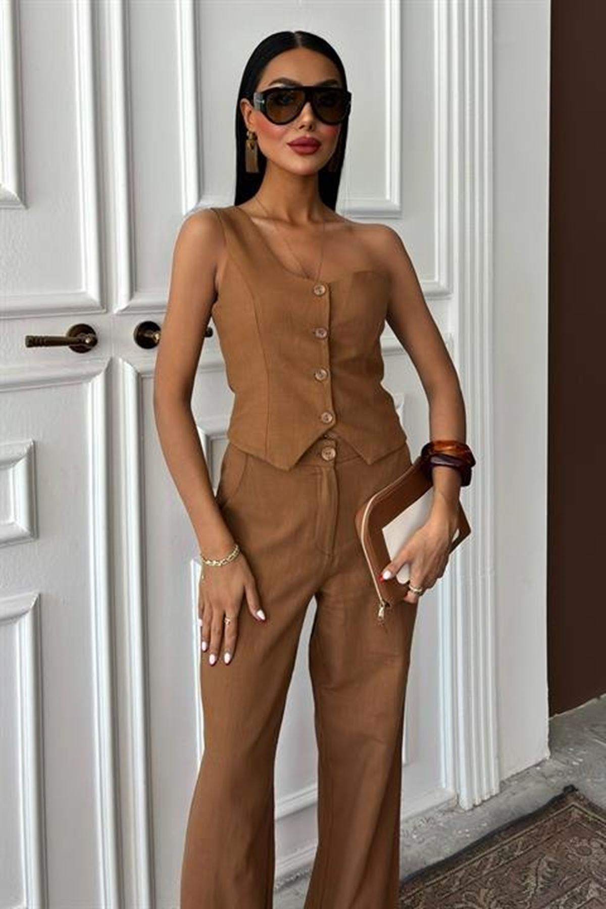 Tek Omuz Büstiyer Plazzo Pantolon Viscon Takım 10159