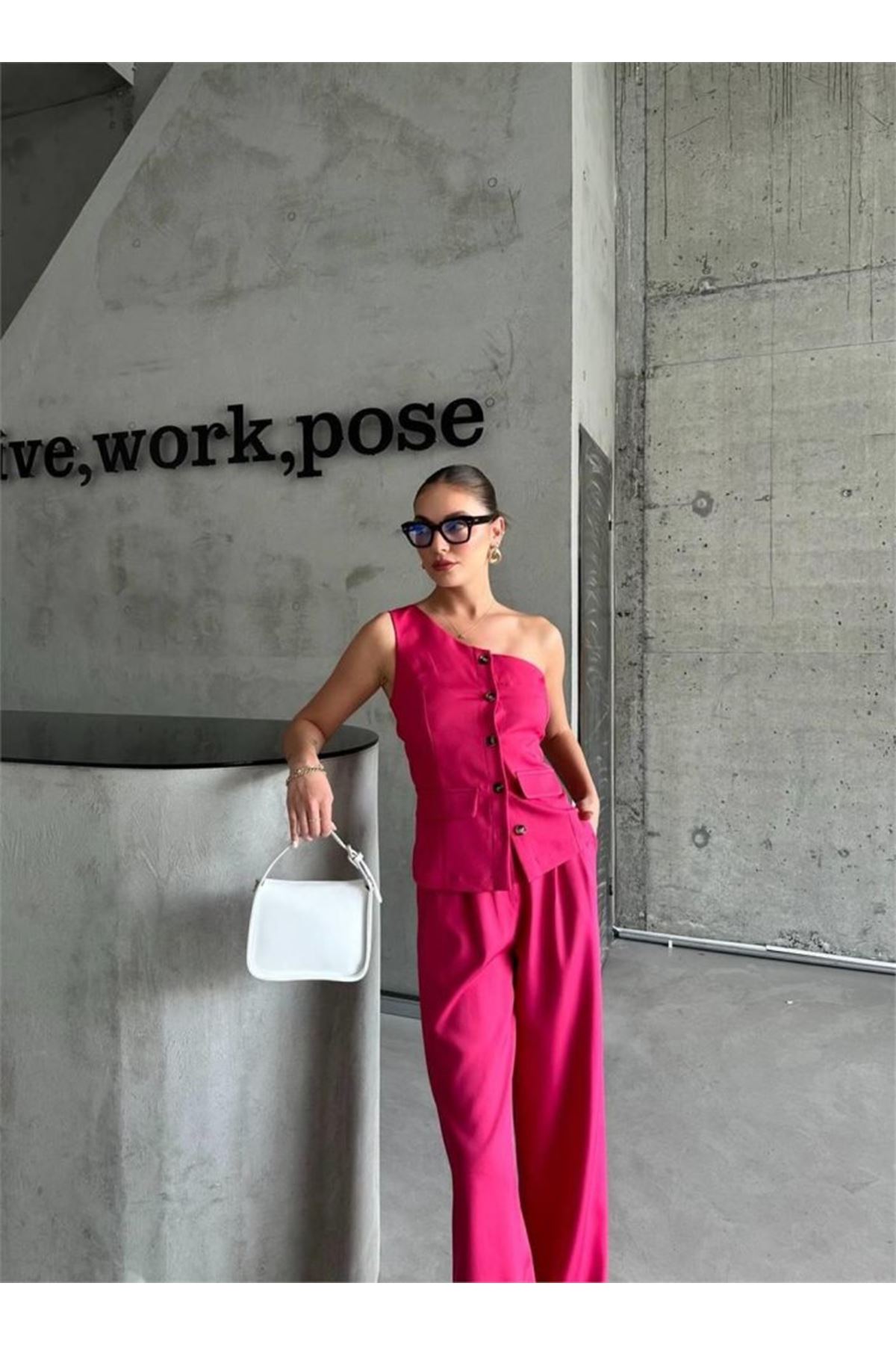 TEK KOL YELEK - PANTOLON TAKIM ATLAS - Fuşya