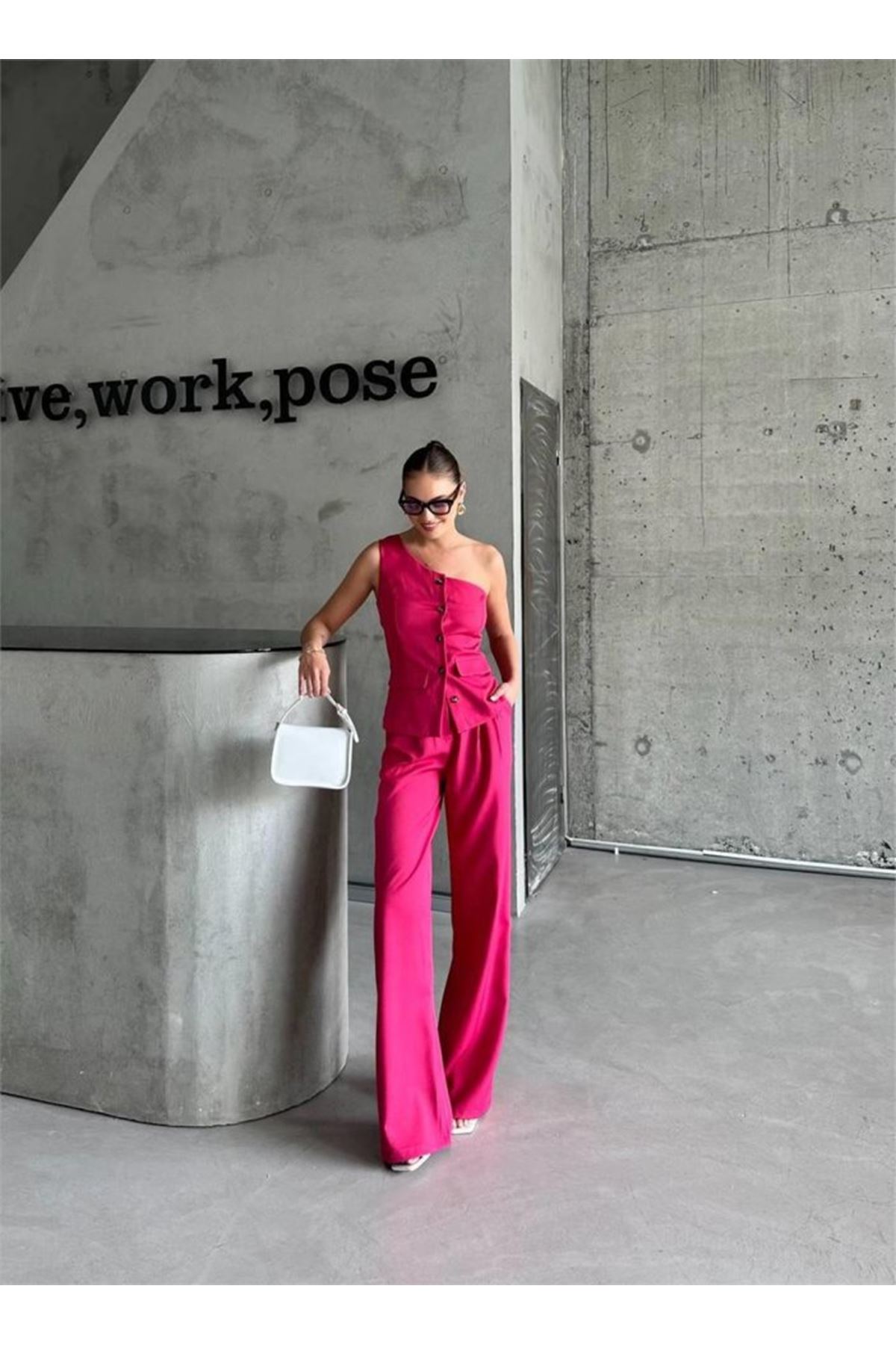 TEK KOL YELEK - PANTOLON TAKIM ATLAS - Fuşya