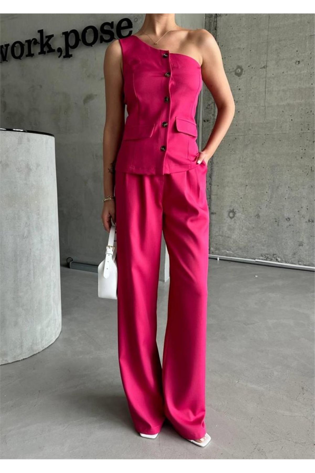 TEK KOL YELEK - PANTOLON TAKIM ATLAS - Fuşya