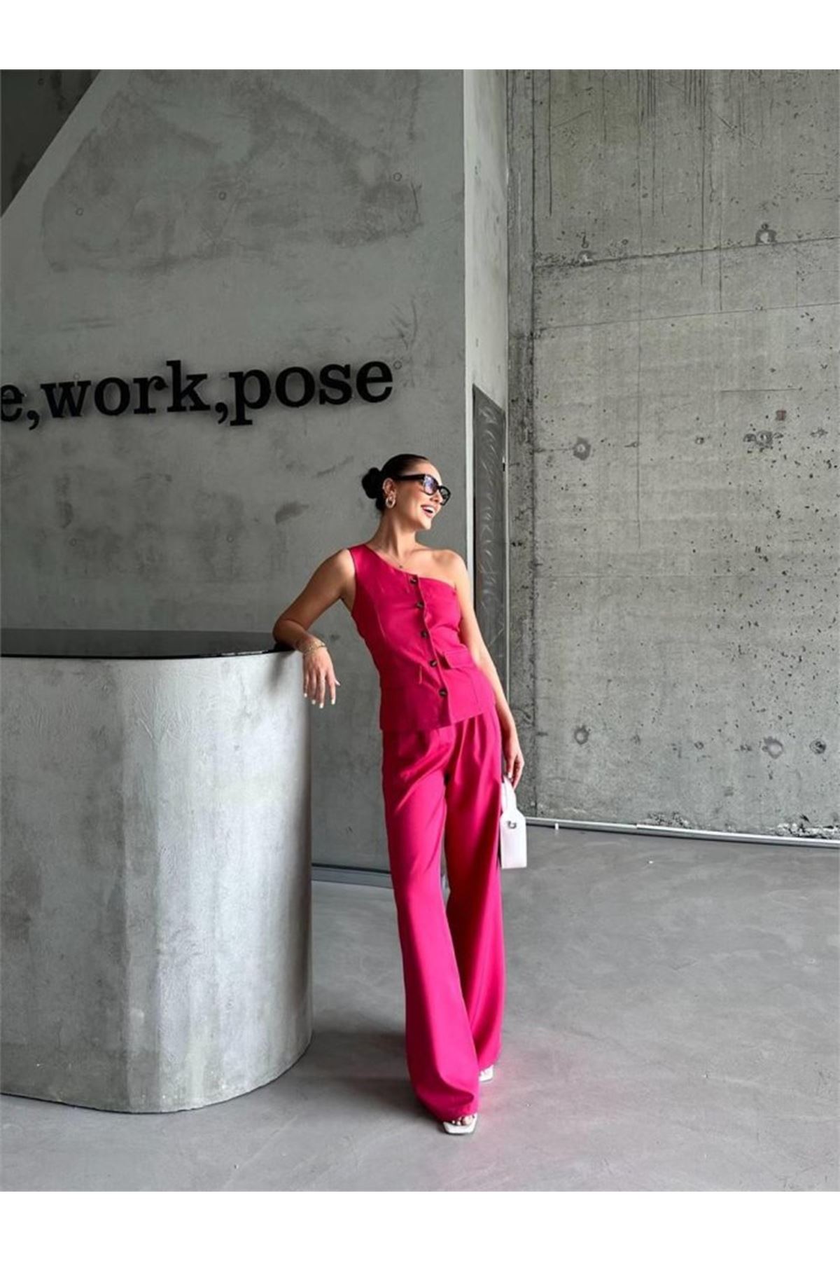 TEK KOL YELEK - PANTOLON TAKIM ATLAS - Fuşya