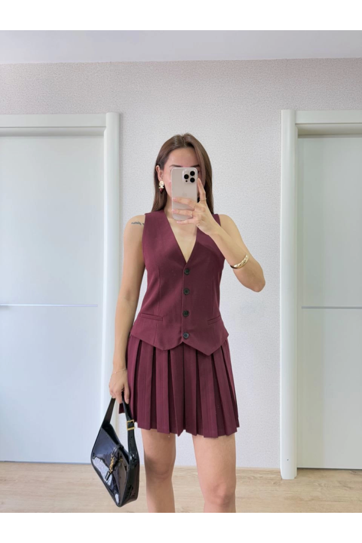 Takım Görünümlu Yelekli Mini Elbise- Bordo