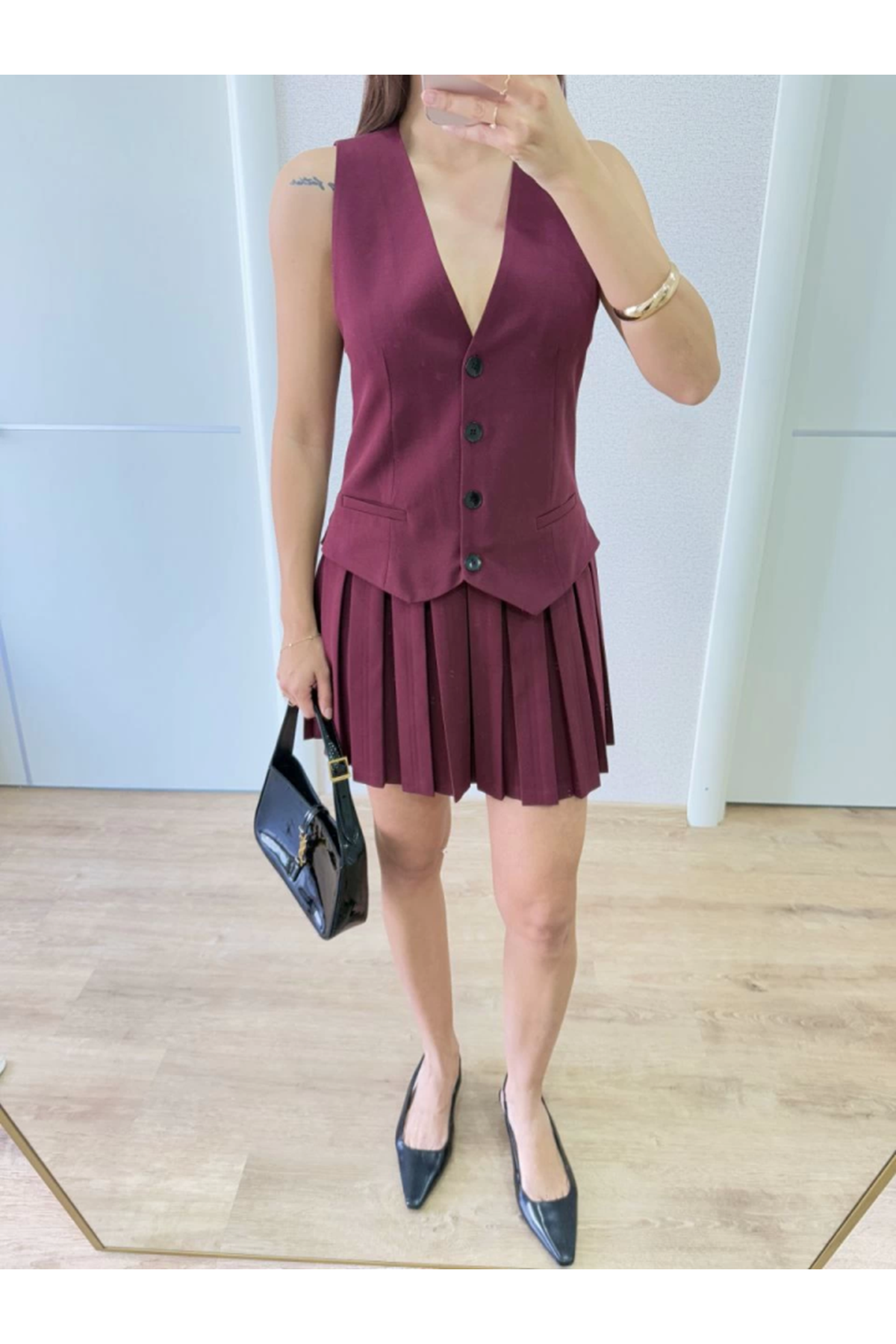 Takım Görünümlu Yelekli Mini Elbise- Bordo