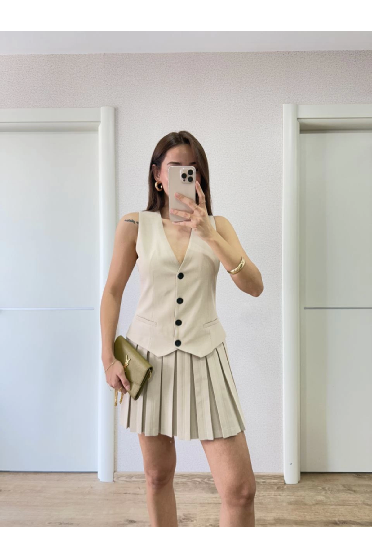 Takım Görünümlu Yelekli Mini Elbise- Bej