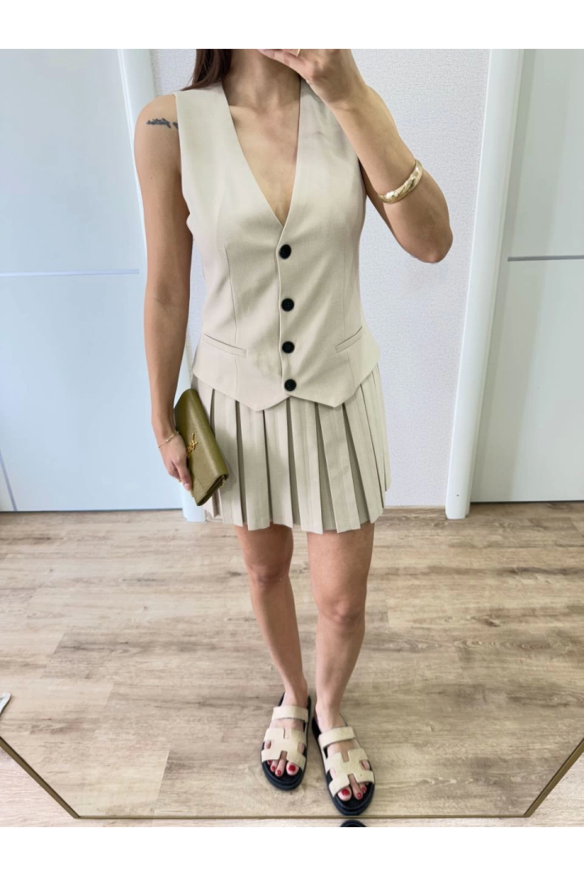 Takım Görünümlu Yelekli Mini Elbise- Bej