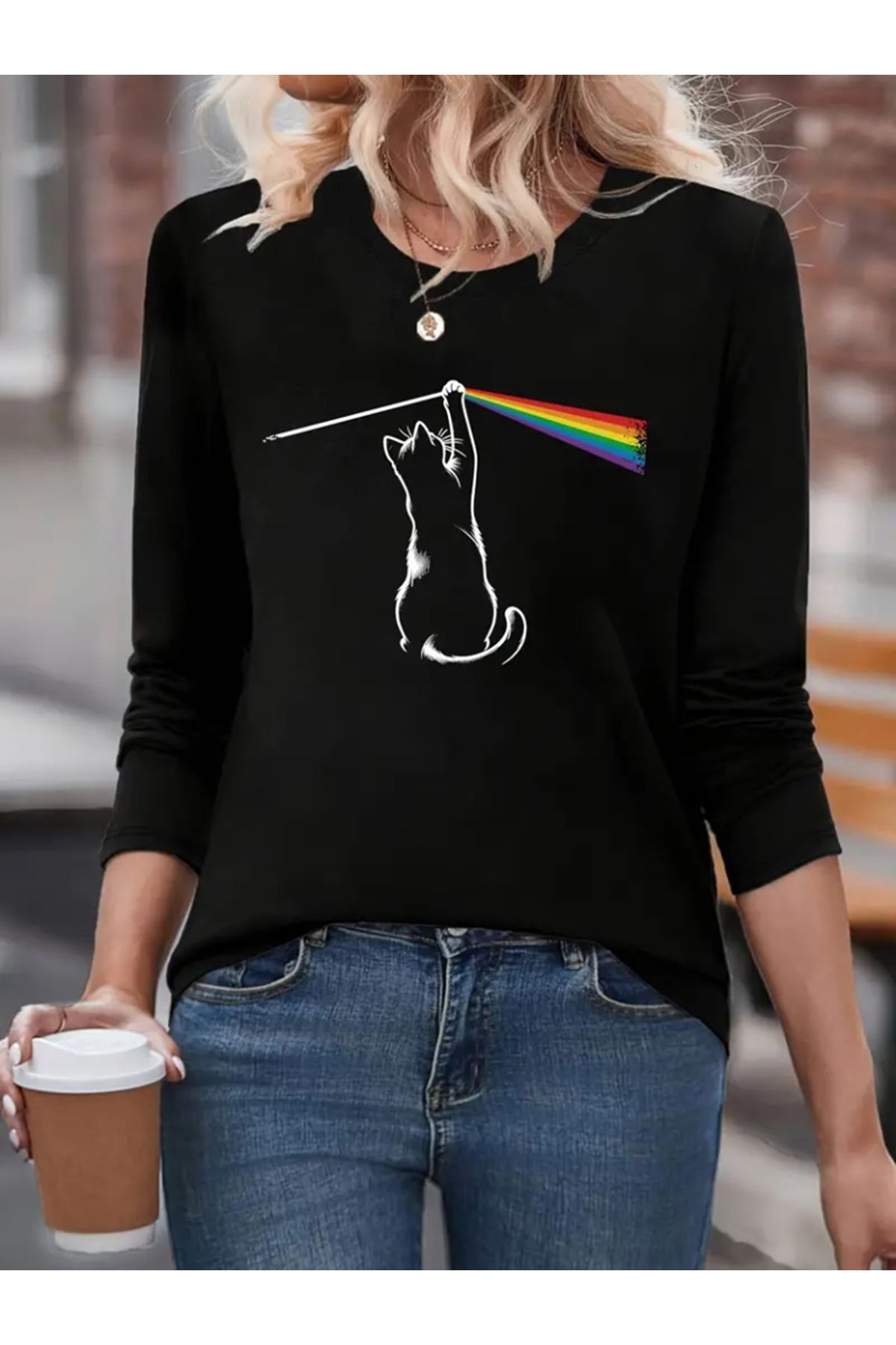 Kadın Uzun Kollu Bisiklet Yaka Baskılı Iki Iplik Bluz