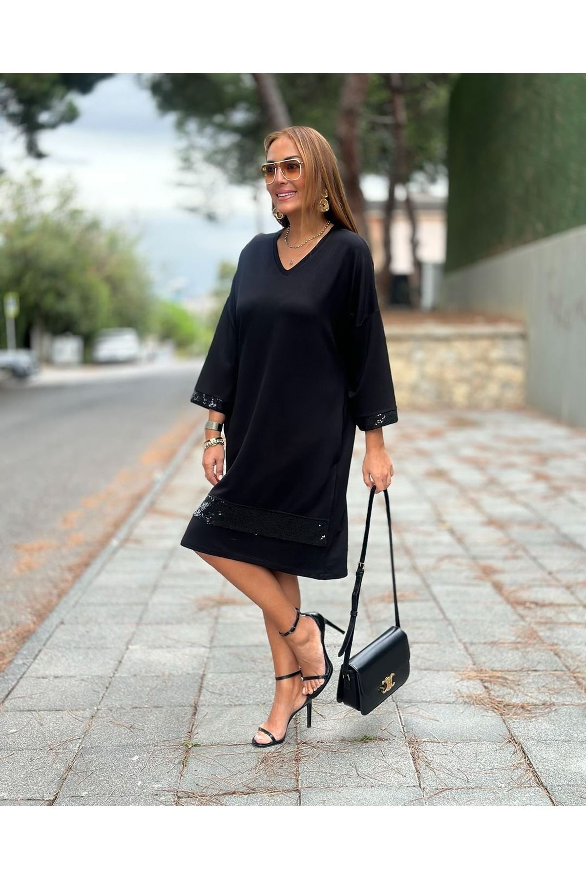 Kadın Modal Kumaş Kol Ve Etek Ucu Payetl Elbise