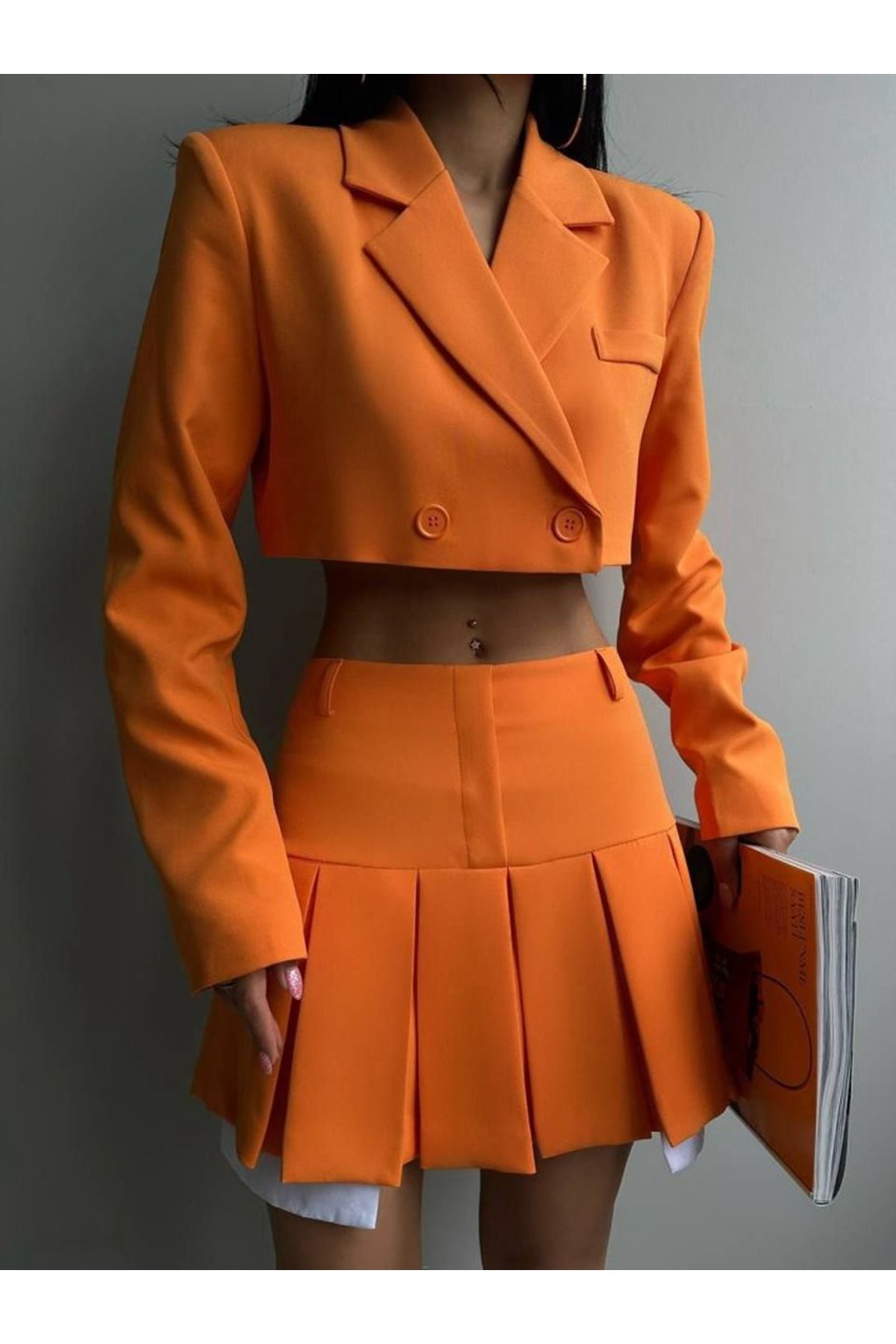 Pileli Etek Crop Ceket Takım