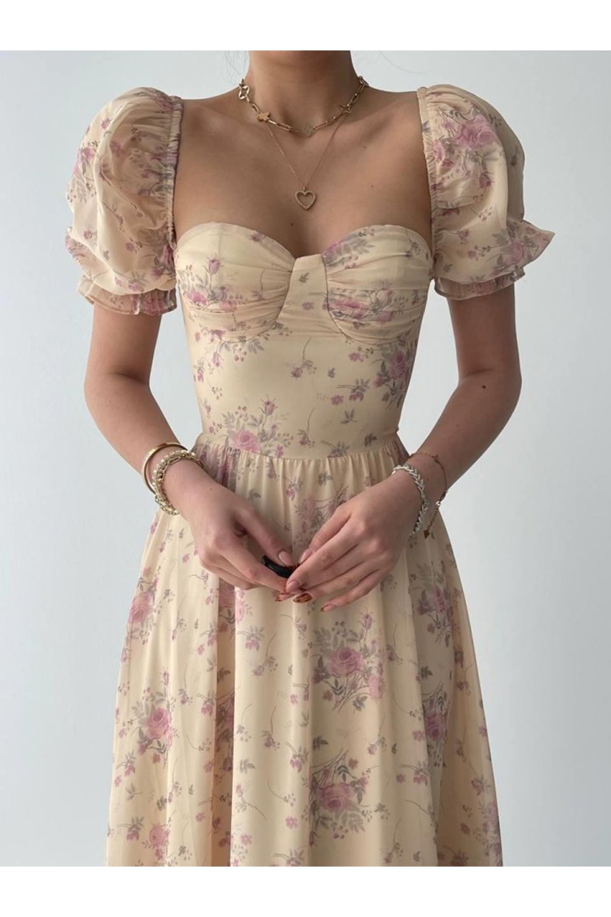 ŞİFON KUMAŞ DİJİTAL DESEN BASKILI ELBİSE