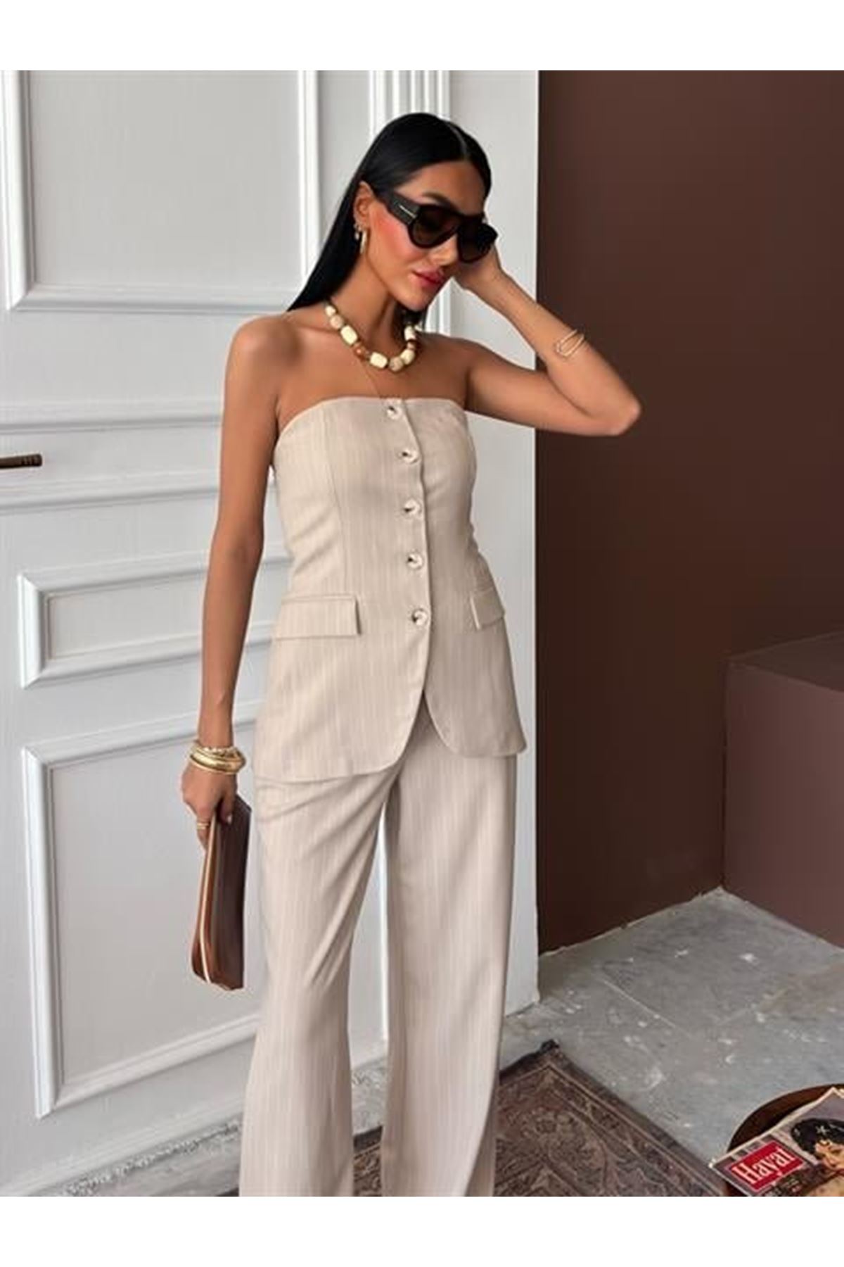 Straplez Büstiyerli Plazzo Pantolonlu Çizgili Takım 10151