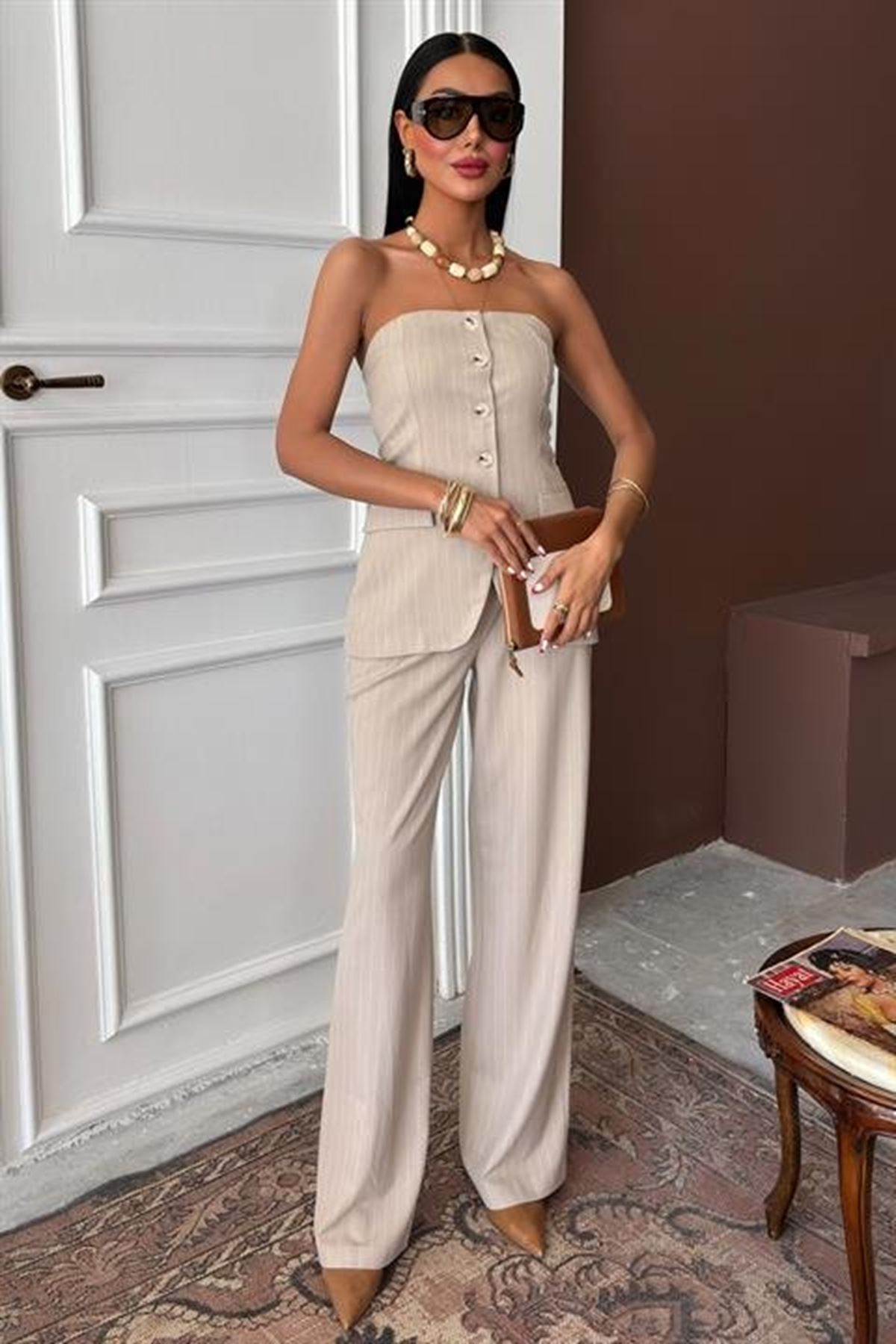 Straplez Büstiyerli Plazzo Pantolonlu Çizgili Takım 10151