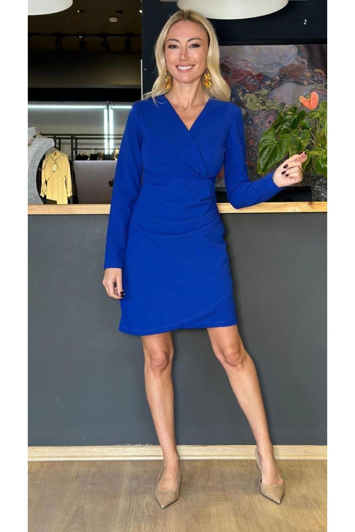 Kadın Uzun Kollu V Yaka Kruvaze Mini Elbise