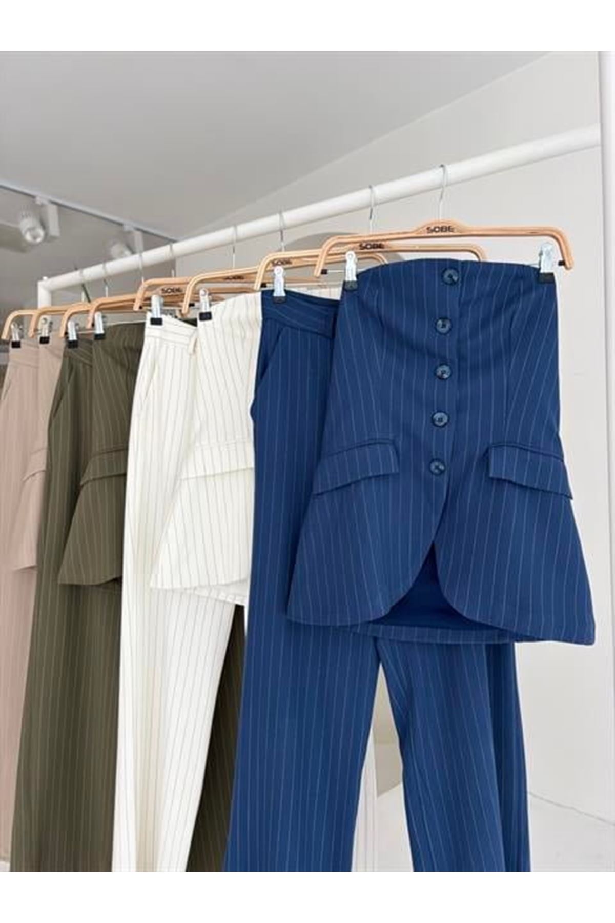 Straplez Büstiyerli Plazzo Pantolonlu Çizgili Takım 10151