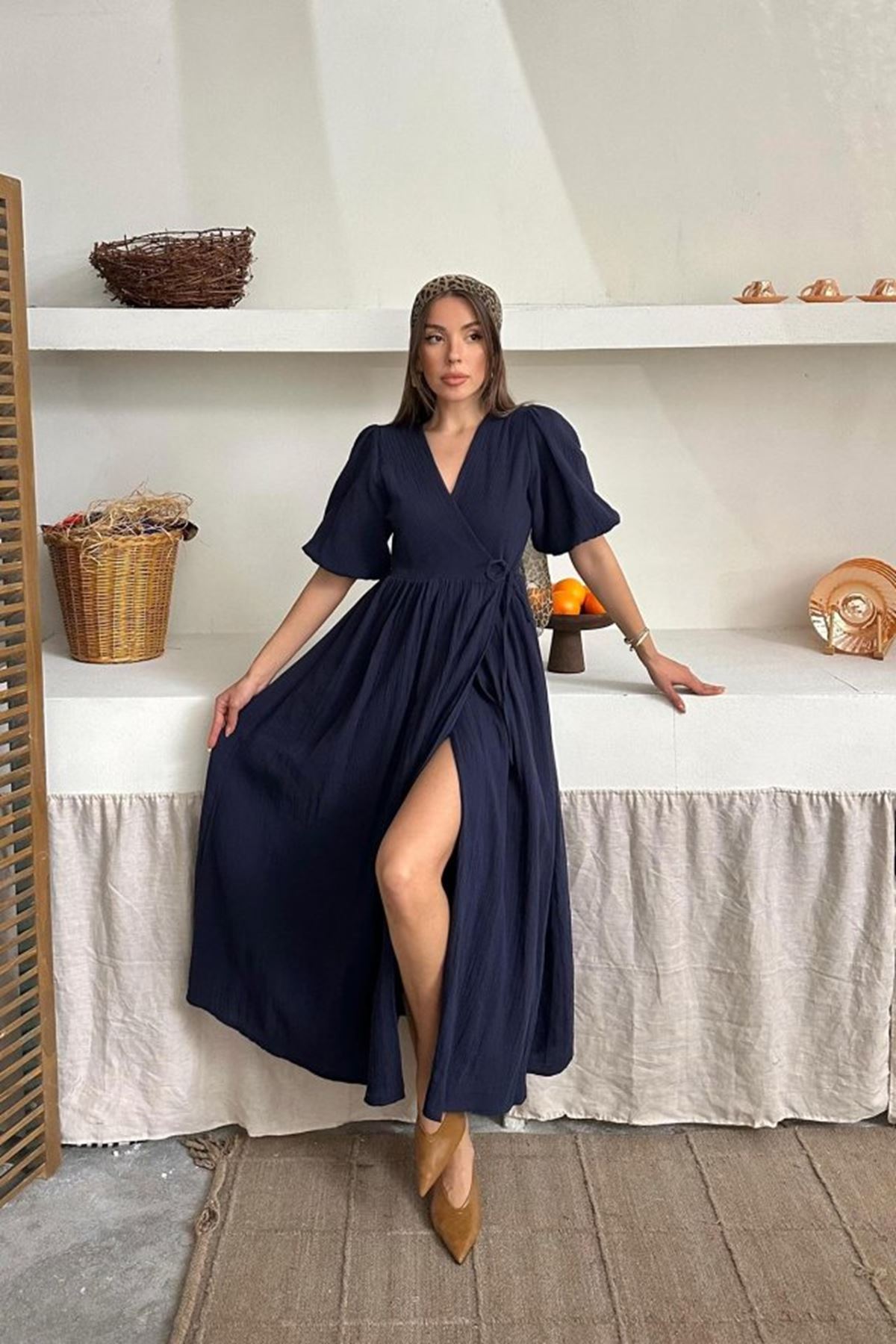 Lacivert Müslin Uzun Elbise